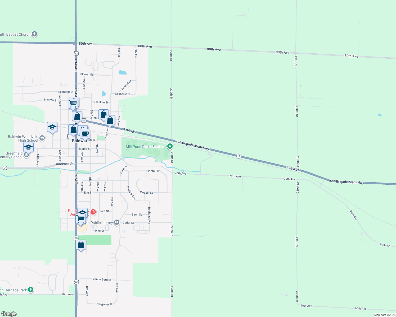 map of restaurants, bars, coffee shops, grocery stores, and more near 2231 U.S. 12 in Baldwin