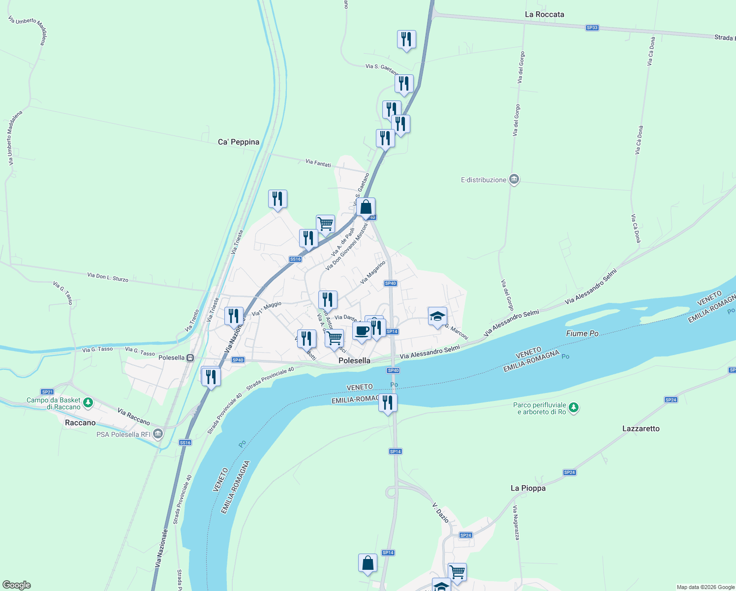 map of restaurants, bars, coffee shops, grocery stores, and more near 64 Via Giacomo Puccini in Polesella