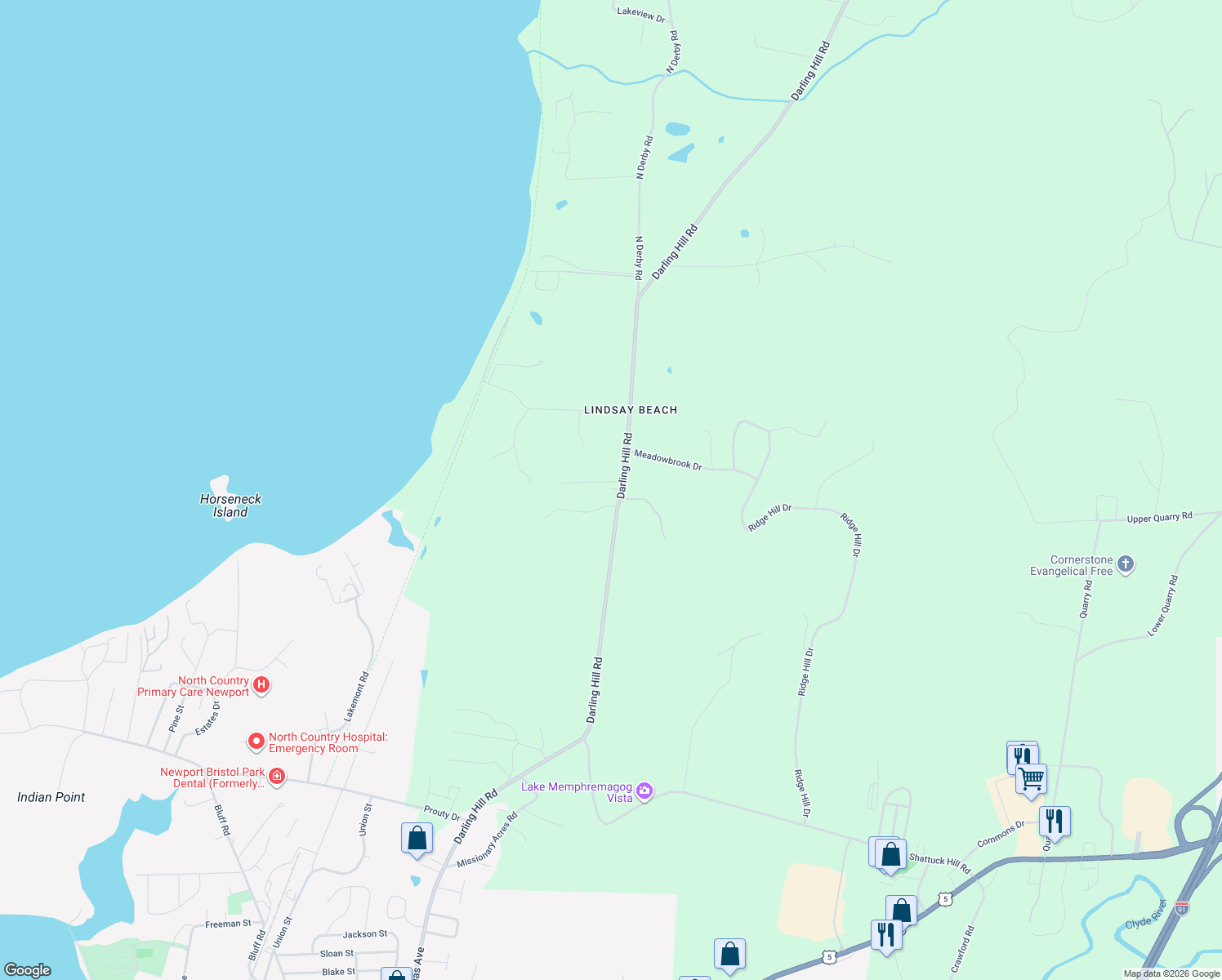 map of restaurants, bars, coffee shops, grocery stores, and more near 3572 Darling Hill Road in Newport