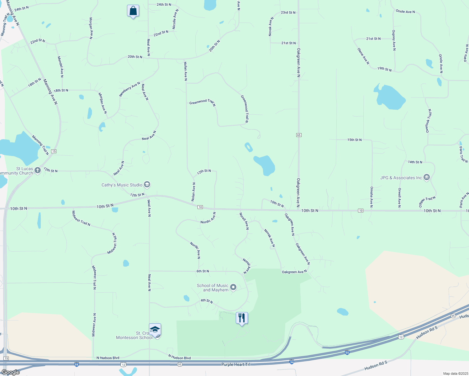 map of restaurants, bars, coffee shops, grocery stores, and more near 1120 Norell Avenue North in Stillwater