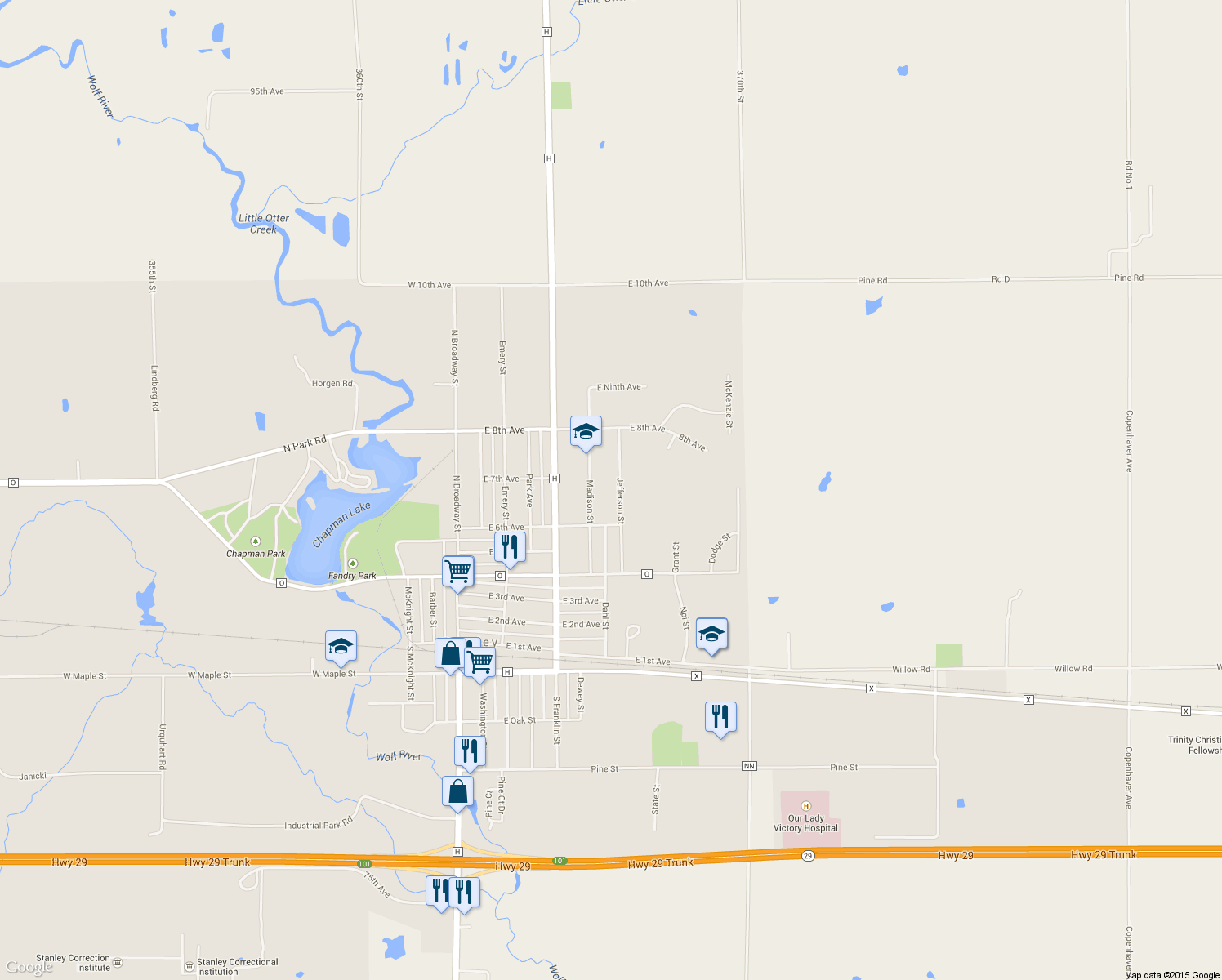 map of restaurants, bars, coffee shops, grocery stores, and more near 631 Jefferson Street in Stanley