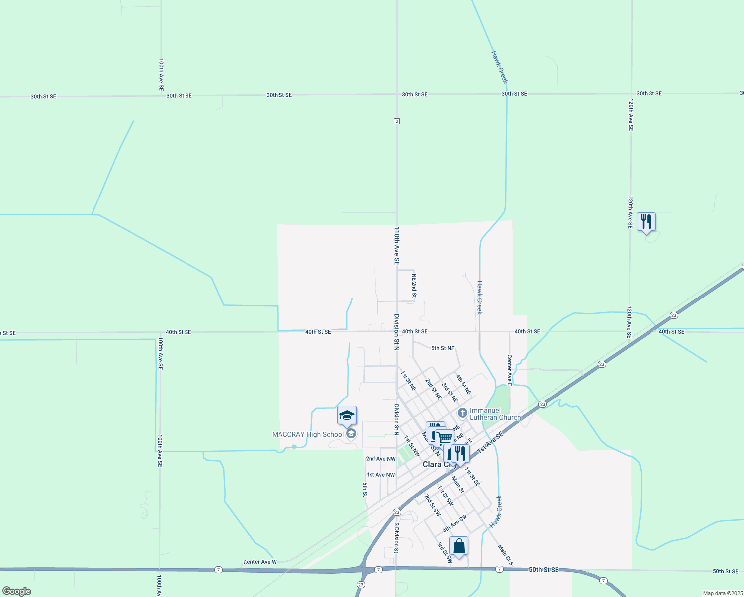 map of restaurants, bars, coffee shops, grocery stores, and more near 1107 4th Street in Clara City