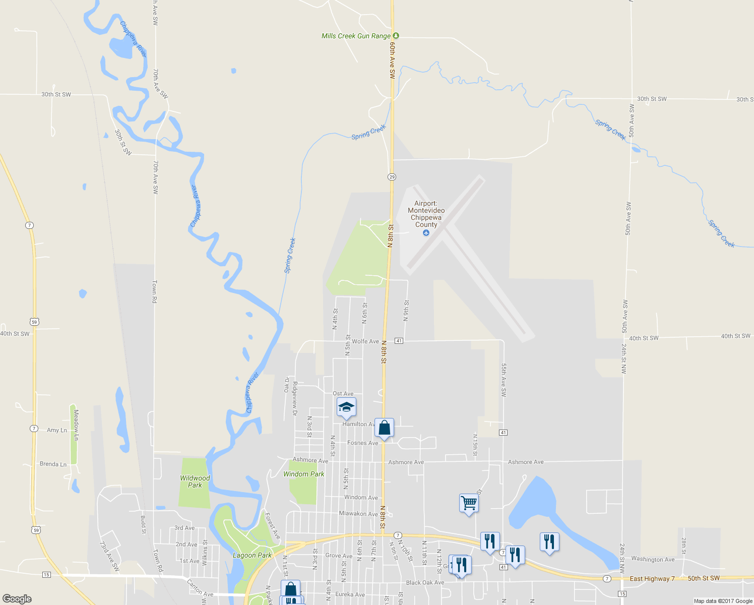 map of restaurants, bars, coffee shops, grocery stores, and more near 1663 Benson Road in Montevideo