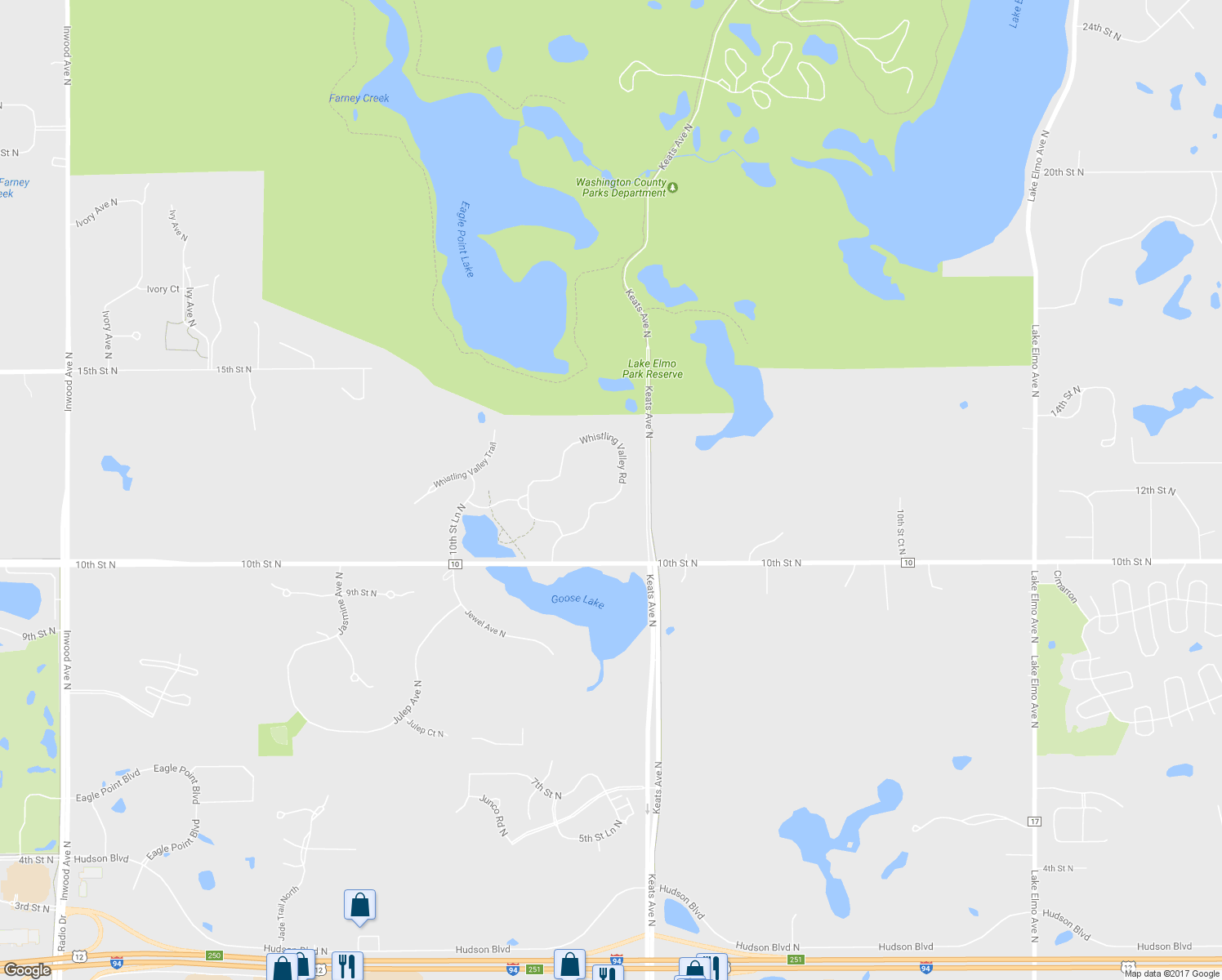 map of restaurants, bars, coffee shops, grocery stores, and more near 9799 Whistling Valley Road in Lake Elmo