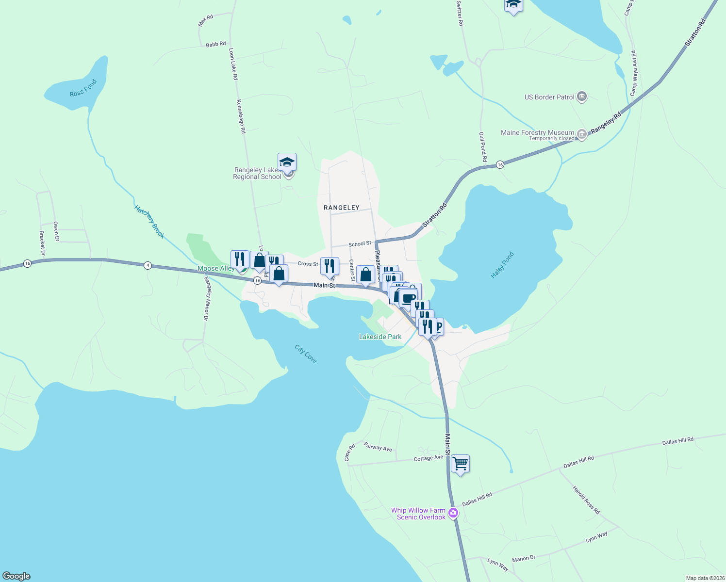 map of restaurants, bars, coffee shops, grocery stores, and more near 2582 Main Street in Rangeley