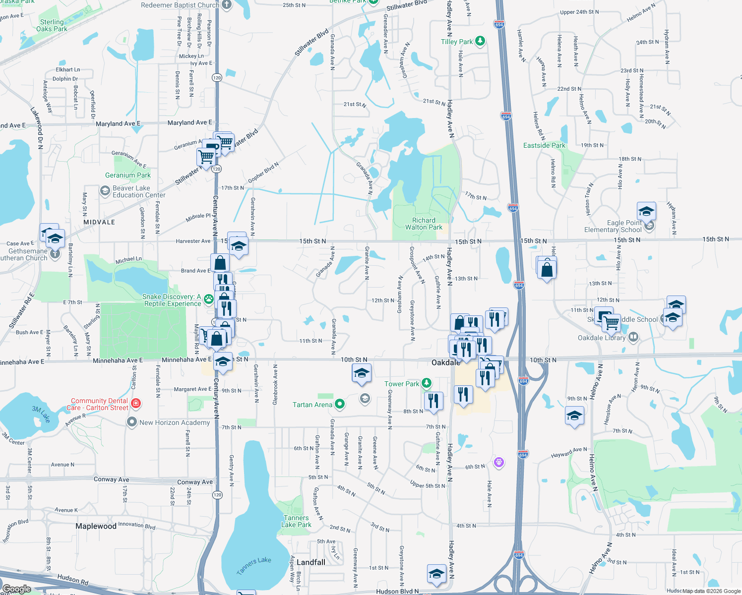 map of restaurants, bars, coffee shops, grocery stores, and more near 1213 Granite Avenue North in Oakdale