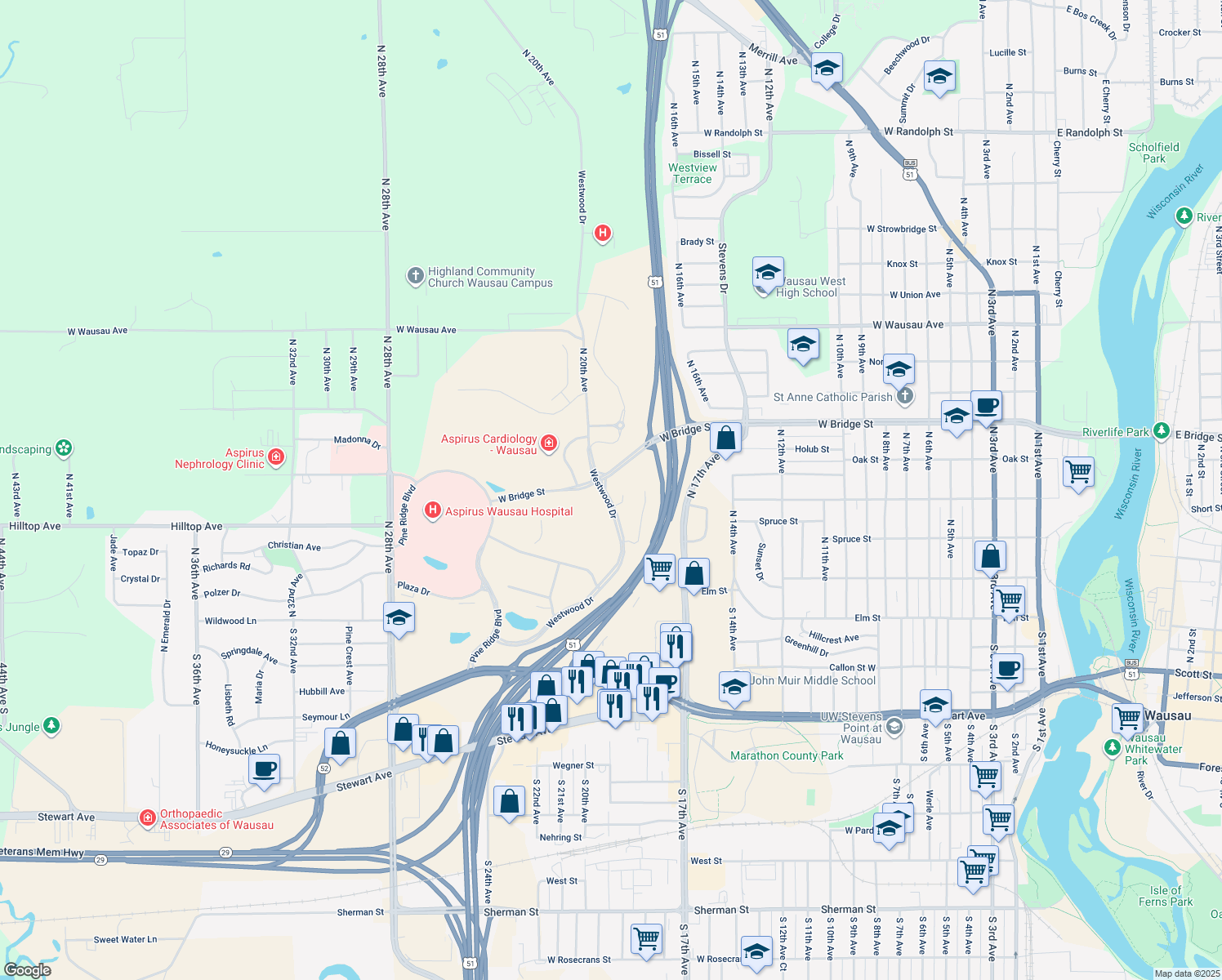 map of restaurants, bars, coffee shops, grocery stores, and more near 413 Westwood Drive in Wausau