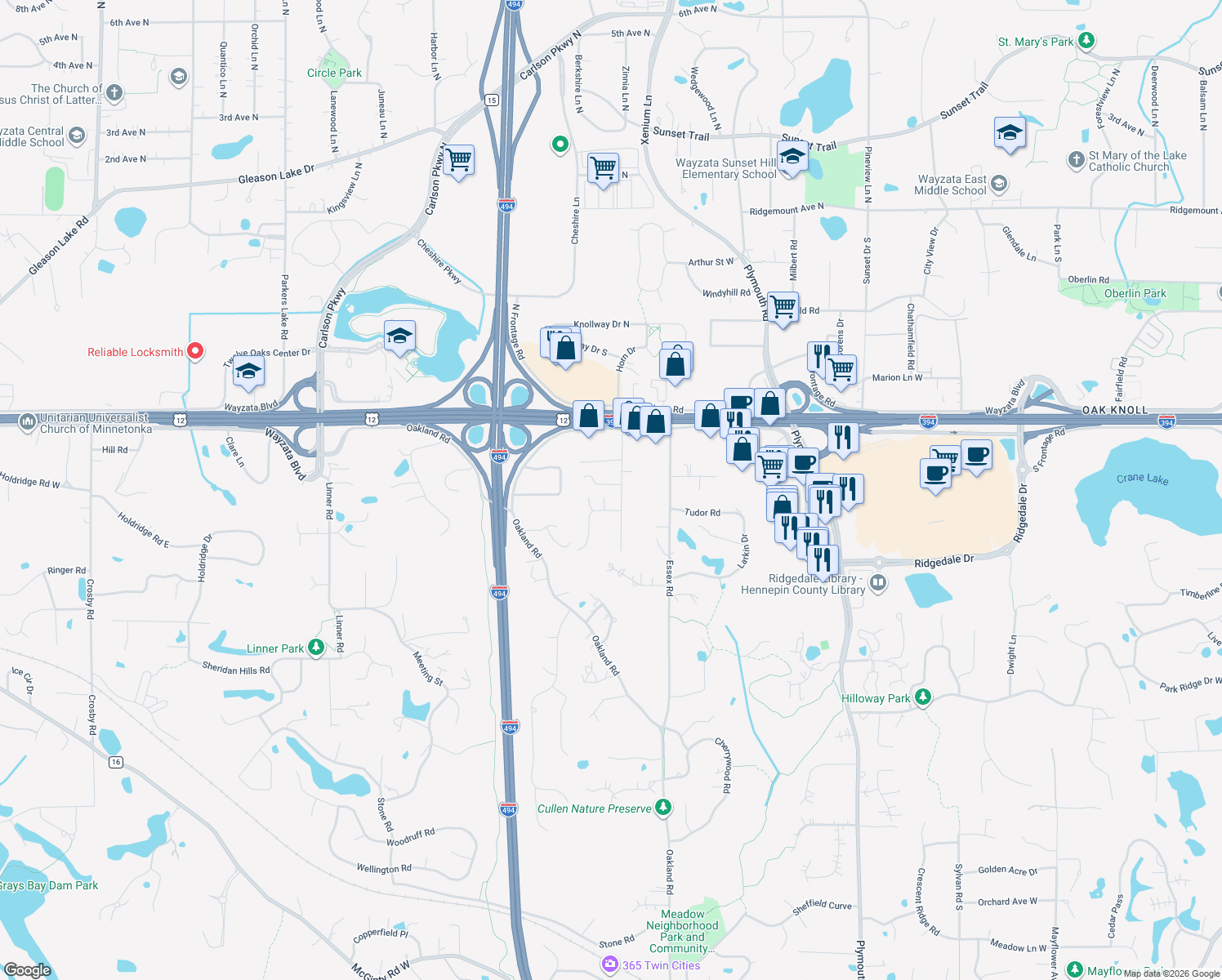 map of restaurants, bars, coffee shops, grocery stores, and more near 1600 Fairfield Road South in Hopkins