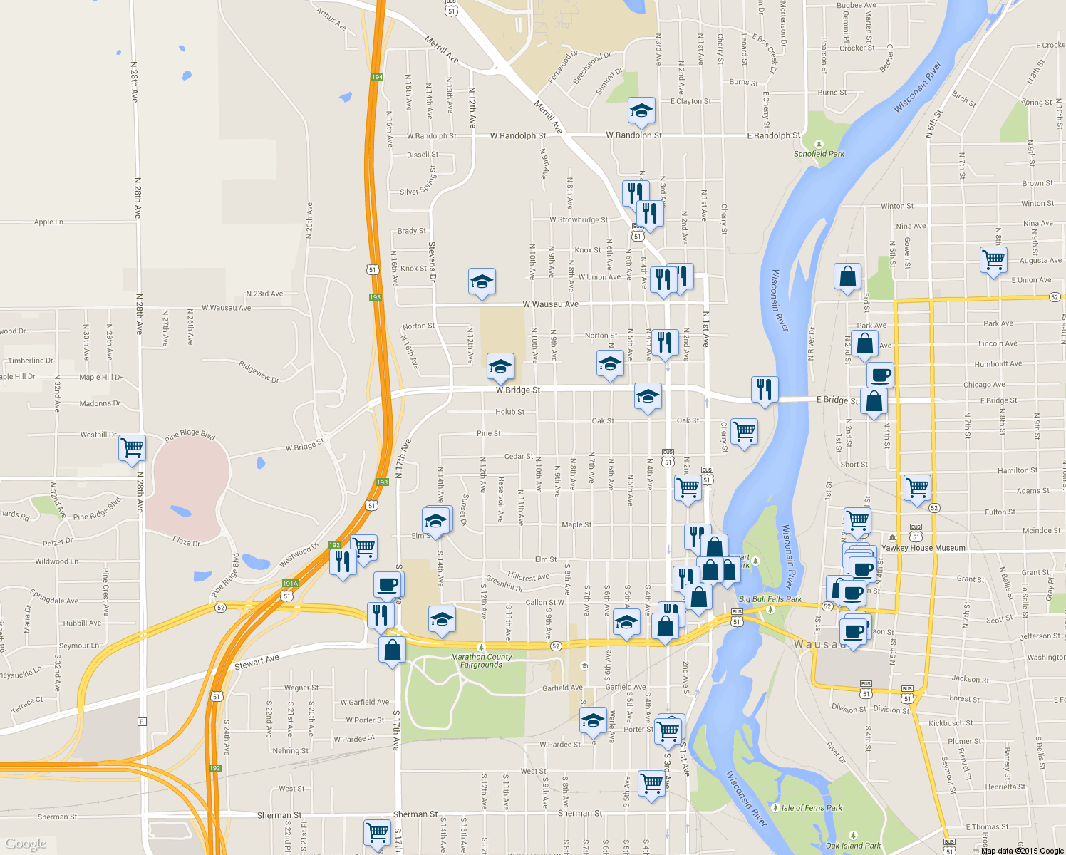 map of restaurants, bars, coffee shops, grocery stores, and more near 426 North 10th Avenue in Wausau