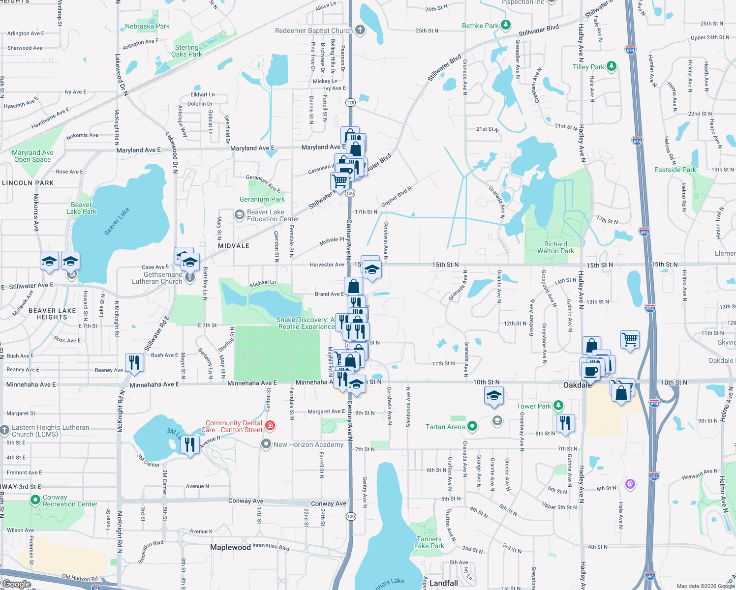 map of restaurants, bars, coffee shops, grocery stores, and more near 2181 Gentry Avenue North in Oakdale