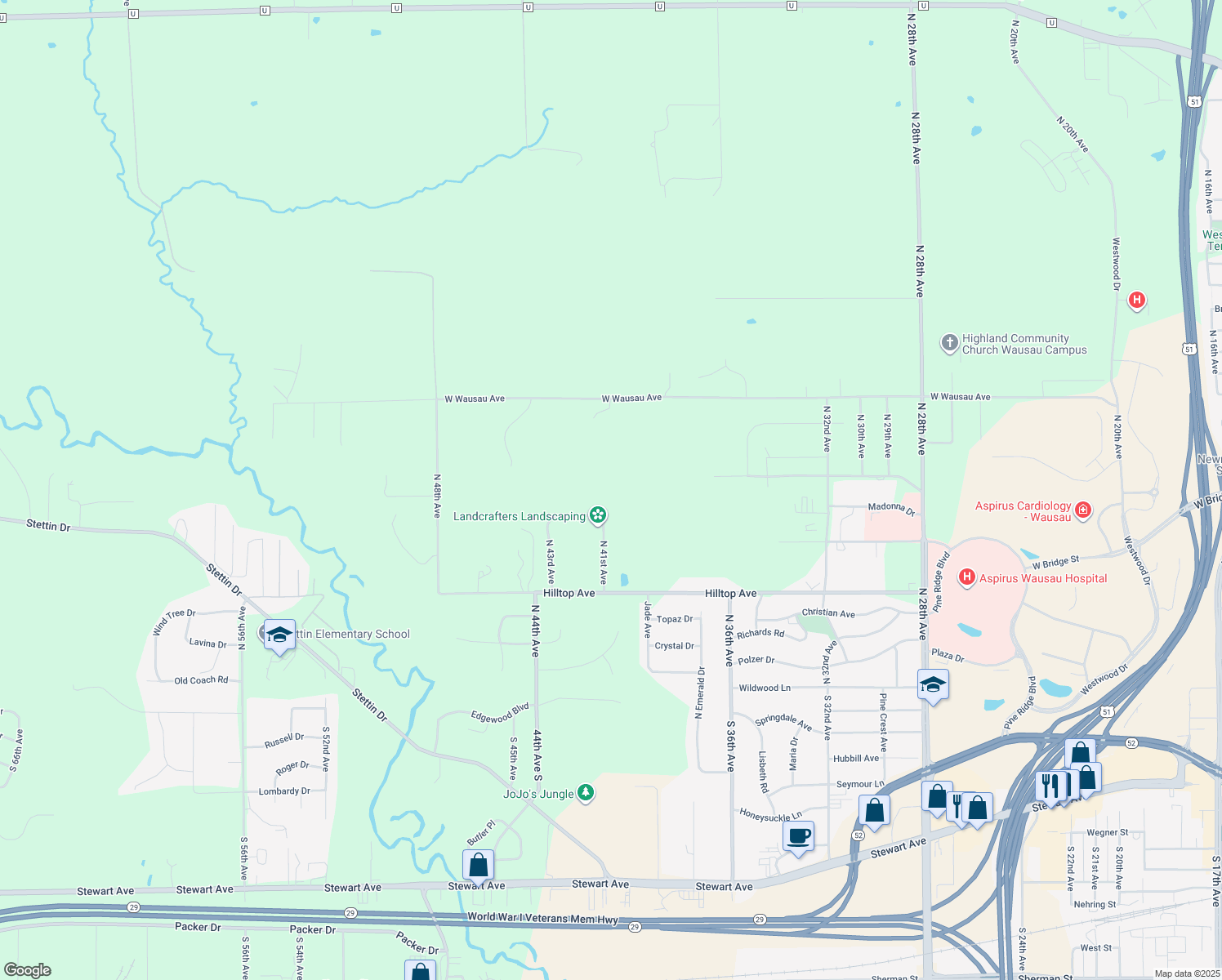 map of restaurants, bars, coffee shops, grocery stores, and more near 4104 Sunny Hill Lane in Wausau