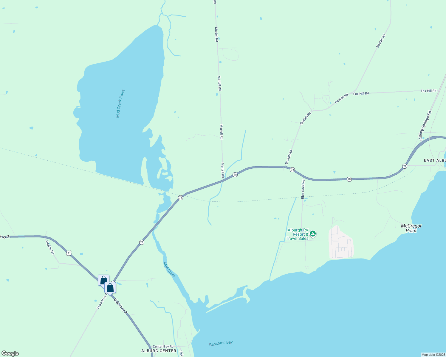 map of restaurants, bars, coffee shops, grocery stores, and more near 13 Martell Road in Alburgh