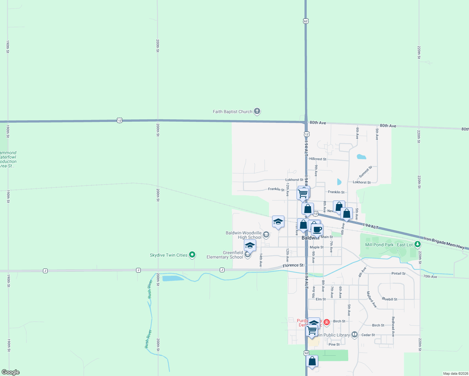 map of restaurants, bars, coffee shops, grocery stores, and more near 1570 Franklin St in Baldwin