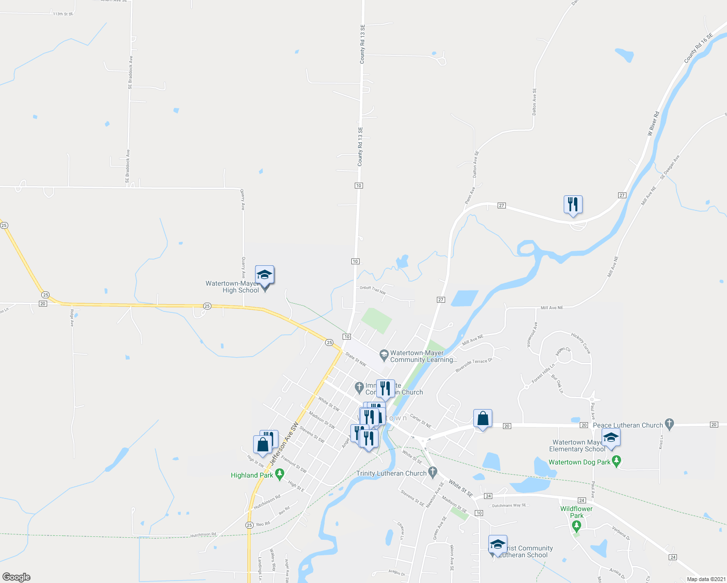 map of restaurants, bars, coffee shops, grocery stores, and more near 416 Ortloff Trail Northwest in Watertown