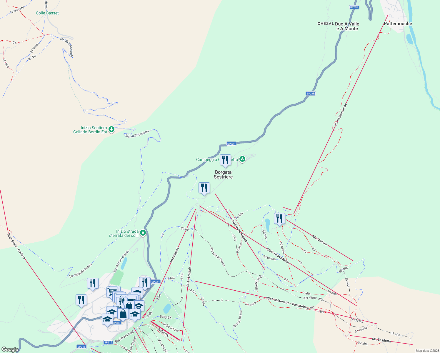 map of restaurants, bars, coffee shops, grocery stores, and more near in Borgata Sestriere