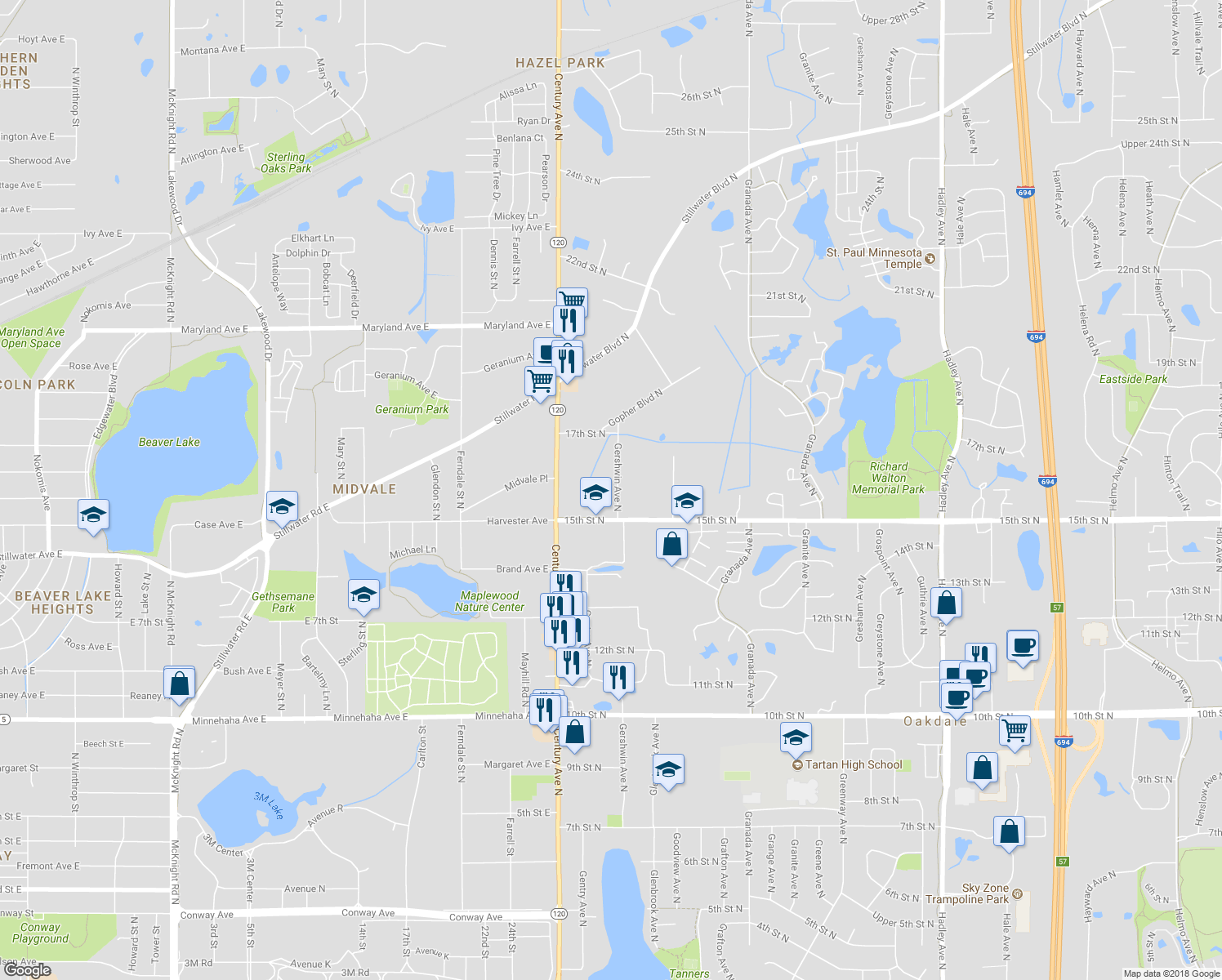 map of restaurants, bars, coffee shops, grocery stores, and more near 1556 Gershwin Avenue North in Oakdale