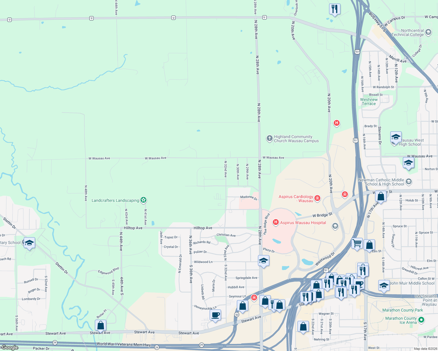 map of restaurants, bars, coffee shops, grocery stores, and more near 3206 Timberline Drive in Wausau