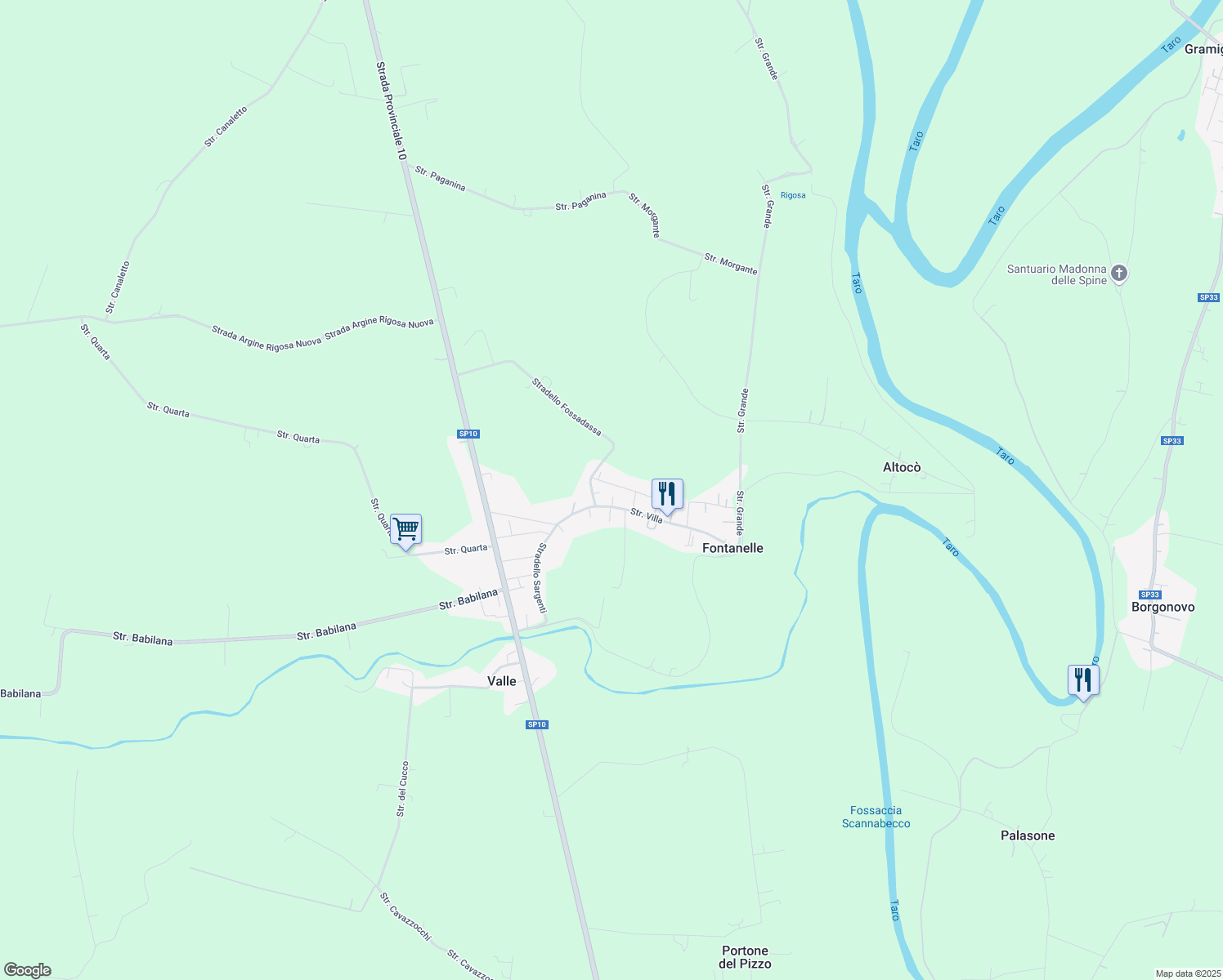 map of restaurants, bars, coffee shops, grocery stores, and more near 26 Stradello Villa in Fontanelle