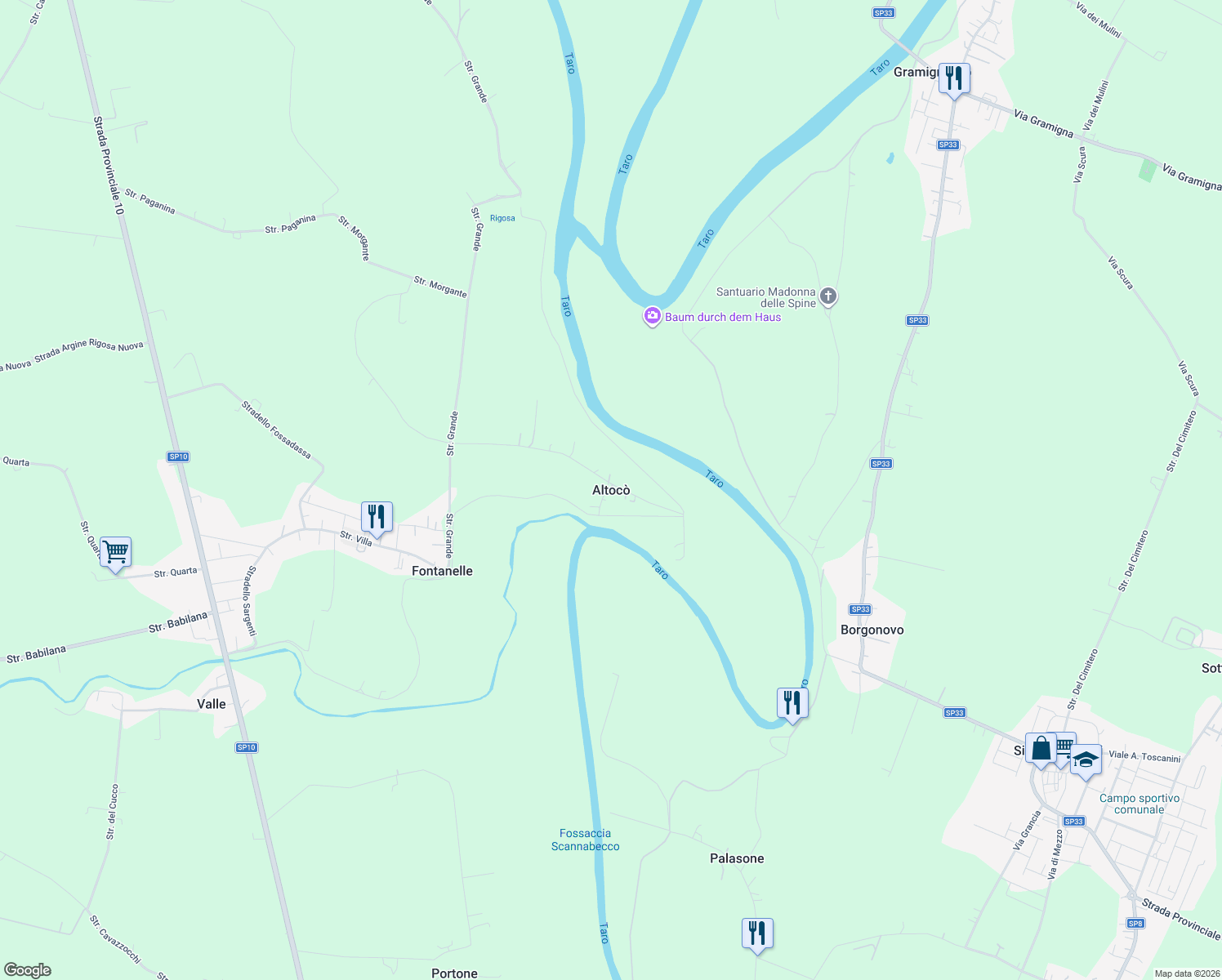 map of restaurants, bars, coffee shops, grocery stores, and more near 21 Strada Altocò in Fontanelle