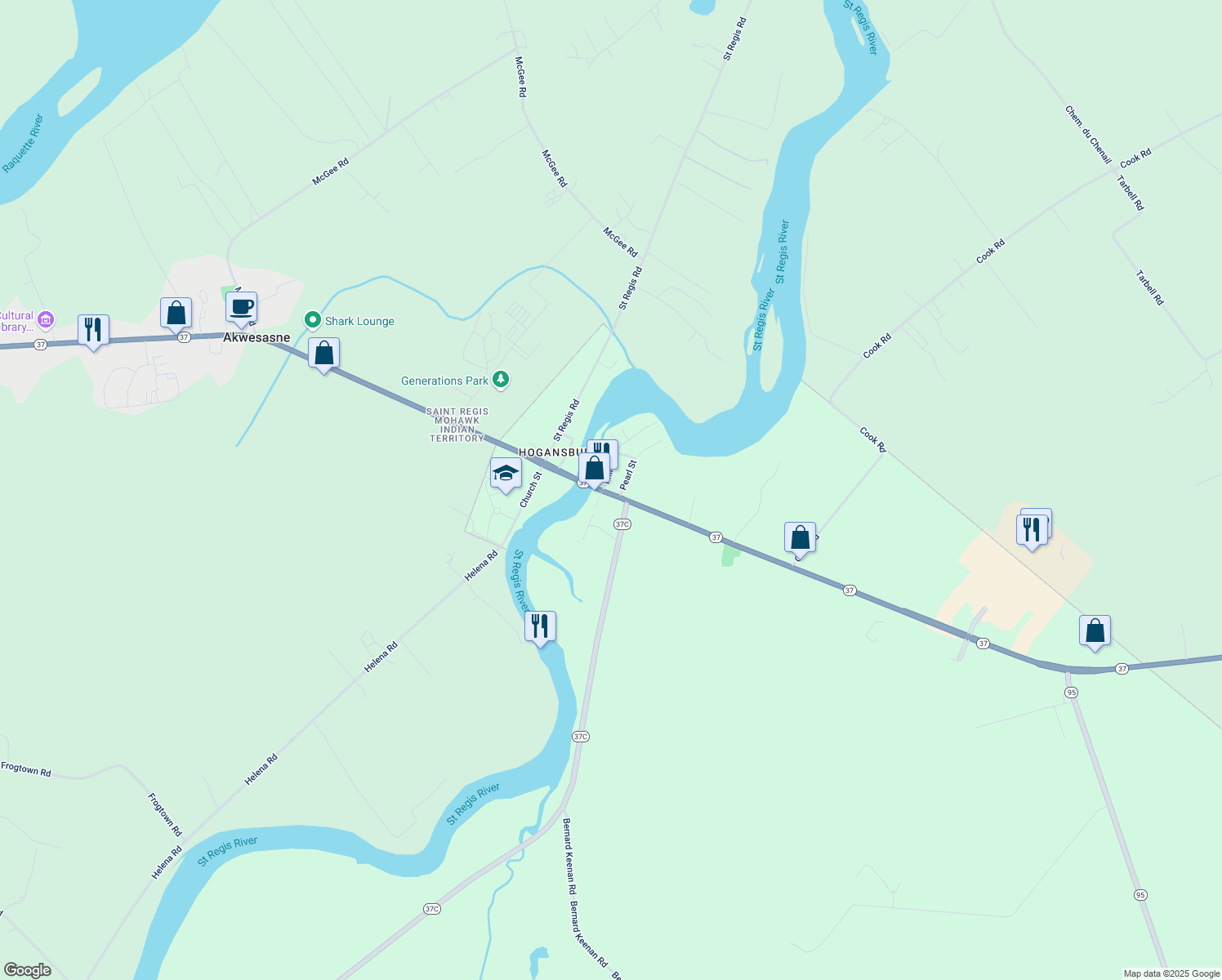 map of restaurants, bars, coffee shops, grocery stores, and more near 649 E Main St in Hogansburg