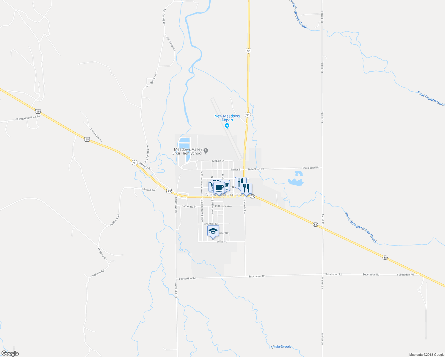 map of restaurants, bars, coffee shops, grocery stores, and more near 300 Colt Street in New Meadows