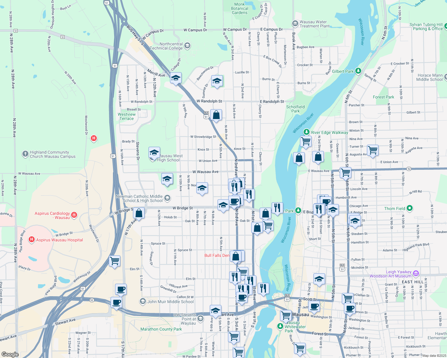 map of restaurants, bars, coffee shops, grocery stores, and more near 815 North 5th Avenue in Wausau