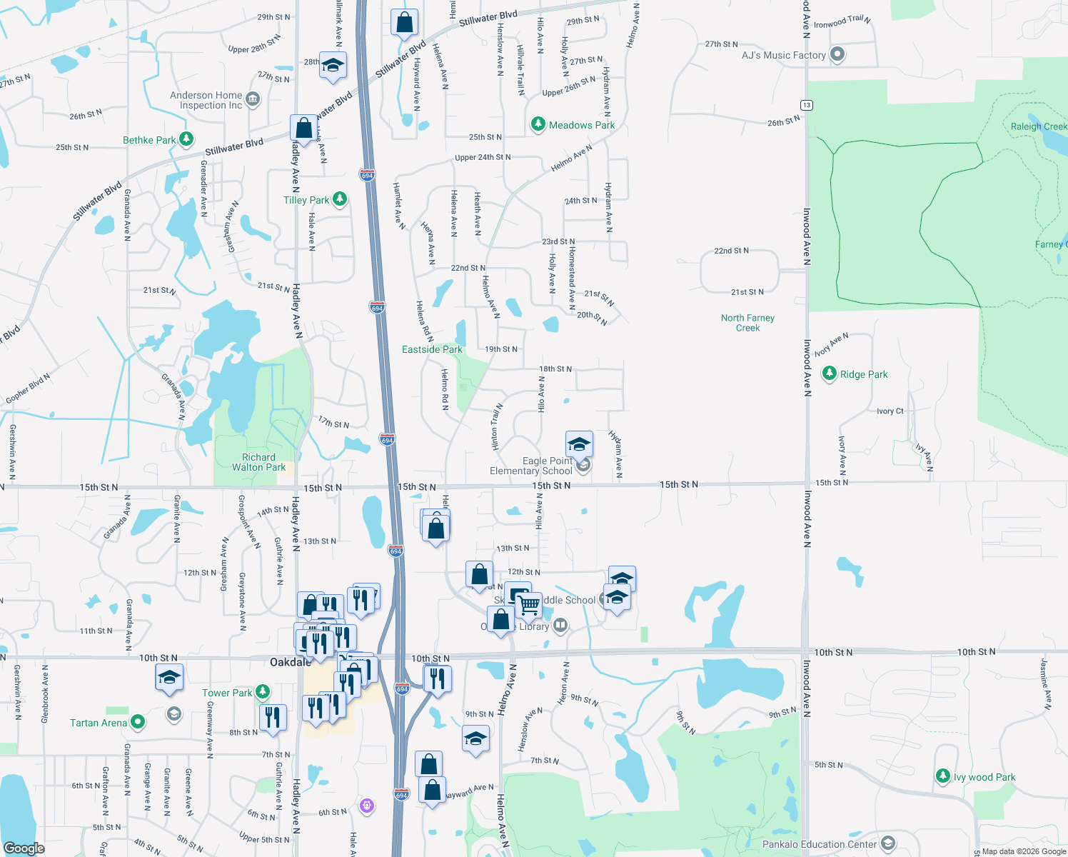map of restaurants, bars, coffee shops, grocery stores, and more near 1668 Hilo Avenue North in Oakdale