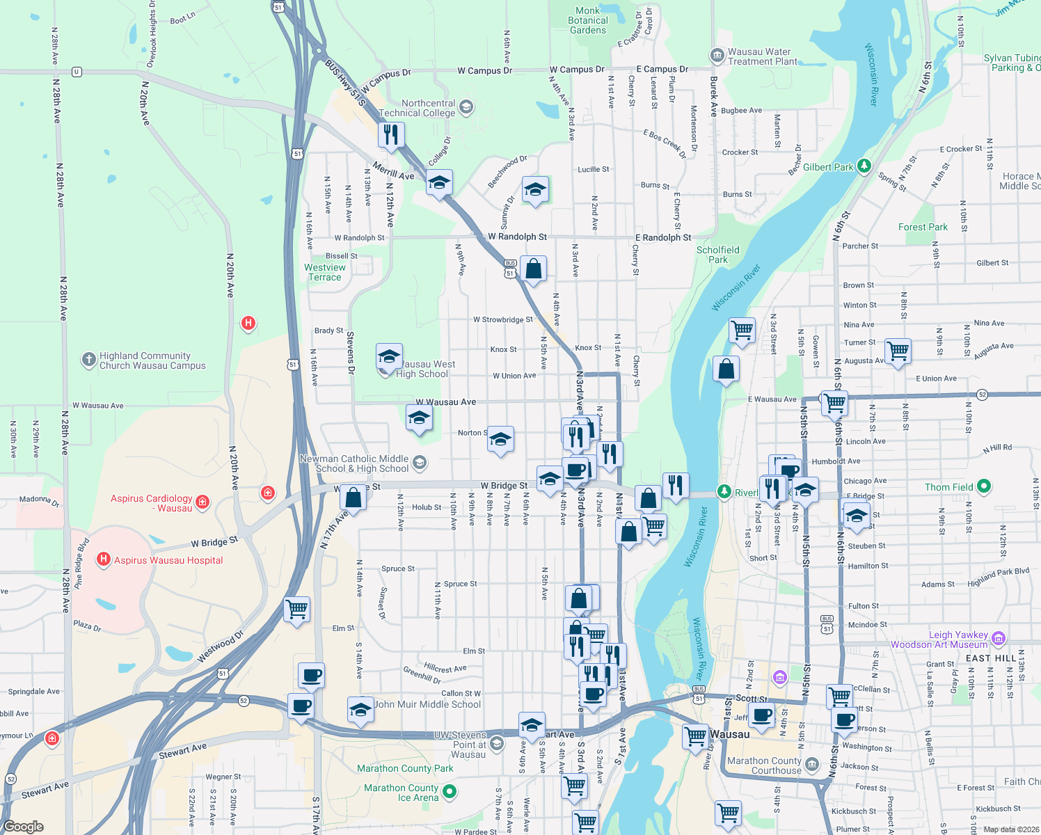 map of restaurants, bars, coffee shops, grocery stores, and more near 816 N 6th Ave in Wausau