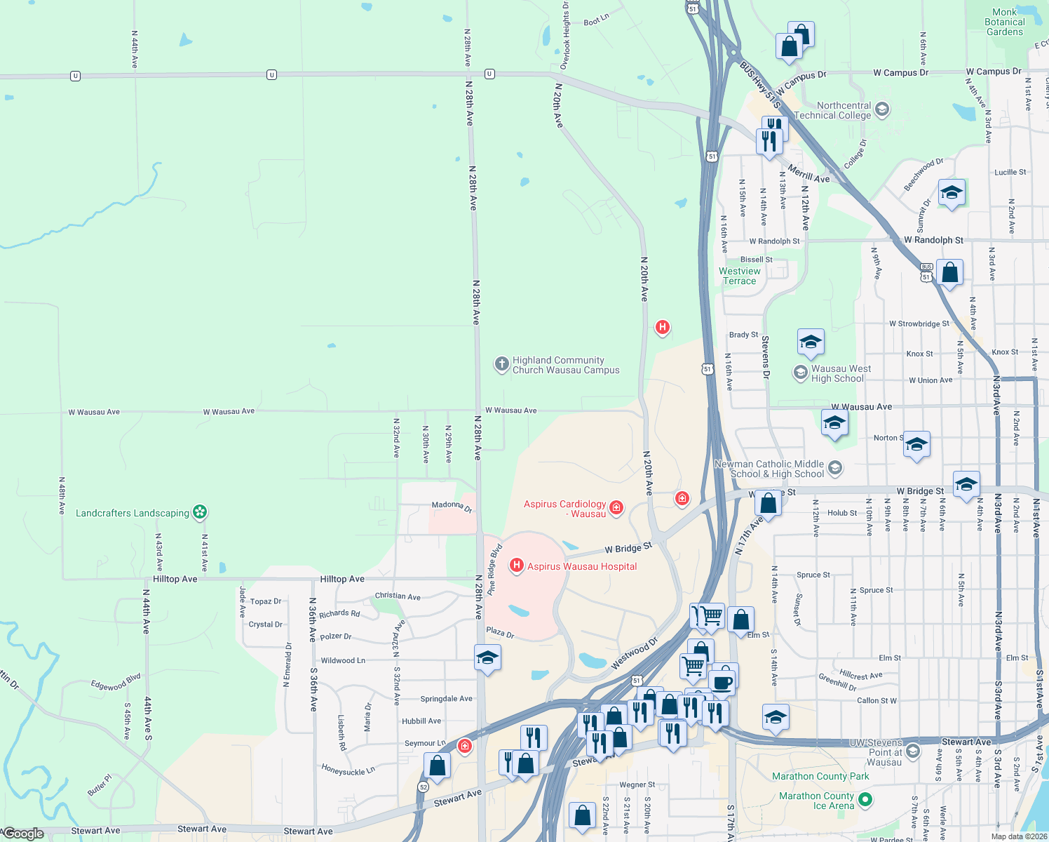 map of restaurants, bars, coffee shops, grocery stores, and more near 818 N 26th Ave in Wausau