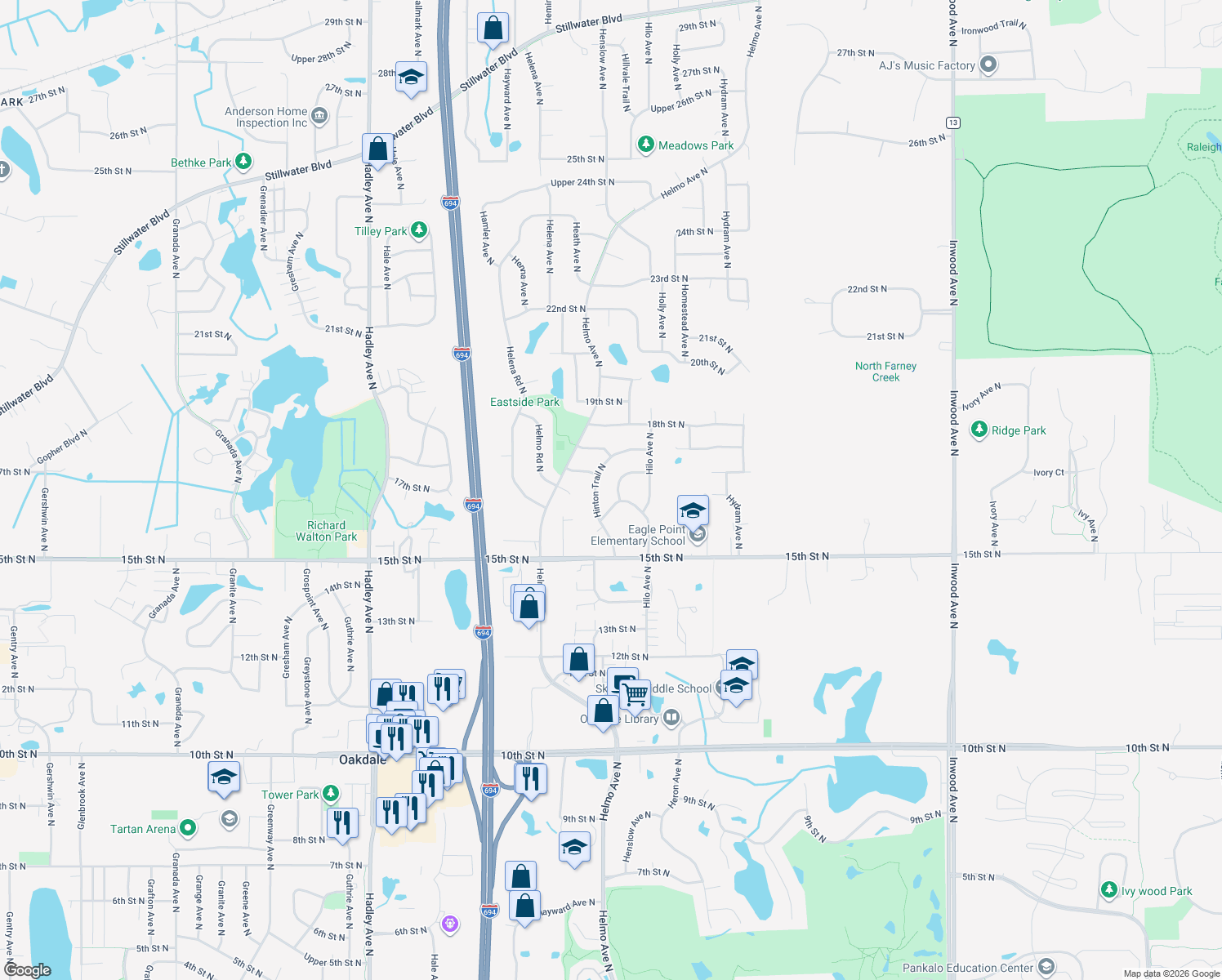 map of restaurants, bars, coffee shops, grocery stores, and more near 1674 Heron Lane North in Oakdale
