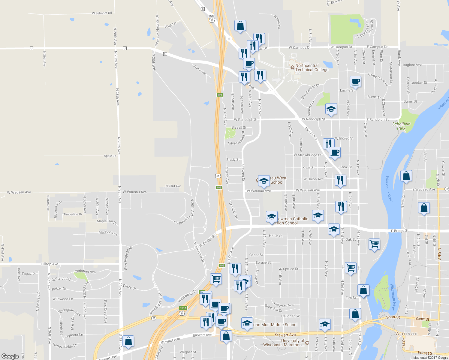 map of restaurants, bars, coffee shops, grocery stores, and more near 1006 North 16th Avenue in Wausau
