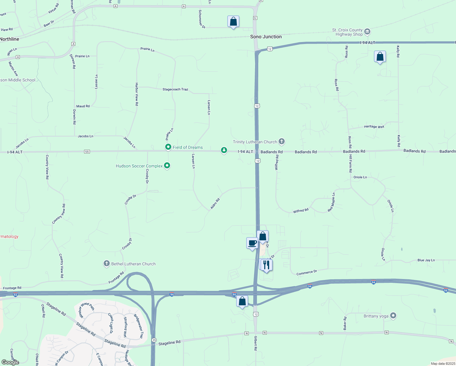 map of restaurants, bars, coffee shops, grocery stores, and more near 780 Aldro Road in Hudson