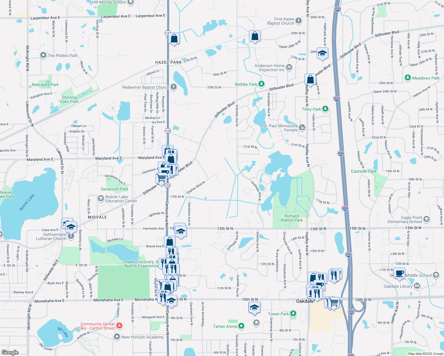 map of restaurants, bars, coffee shops, grocery stores, and more near 6363 Gopher Boulevard North in Saint Paul