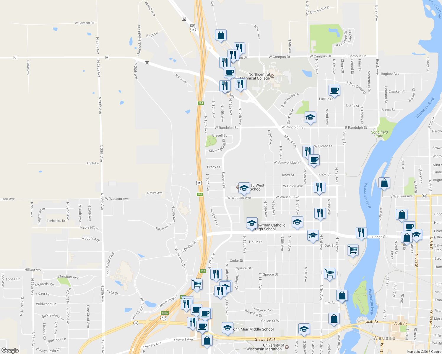 map of restaurants, bars, coffee shops, grocery stores, and more near 1401 Graham Street in Wausau