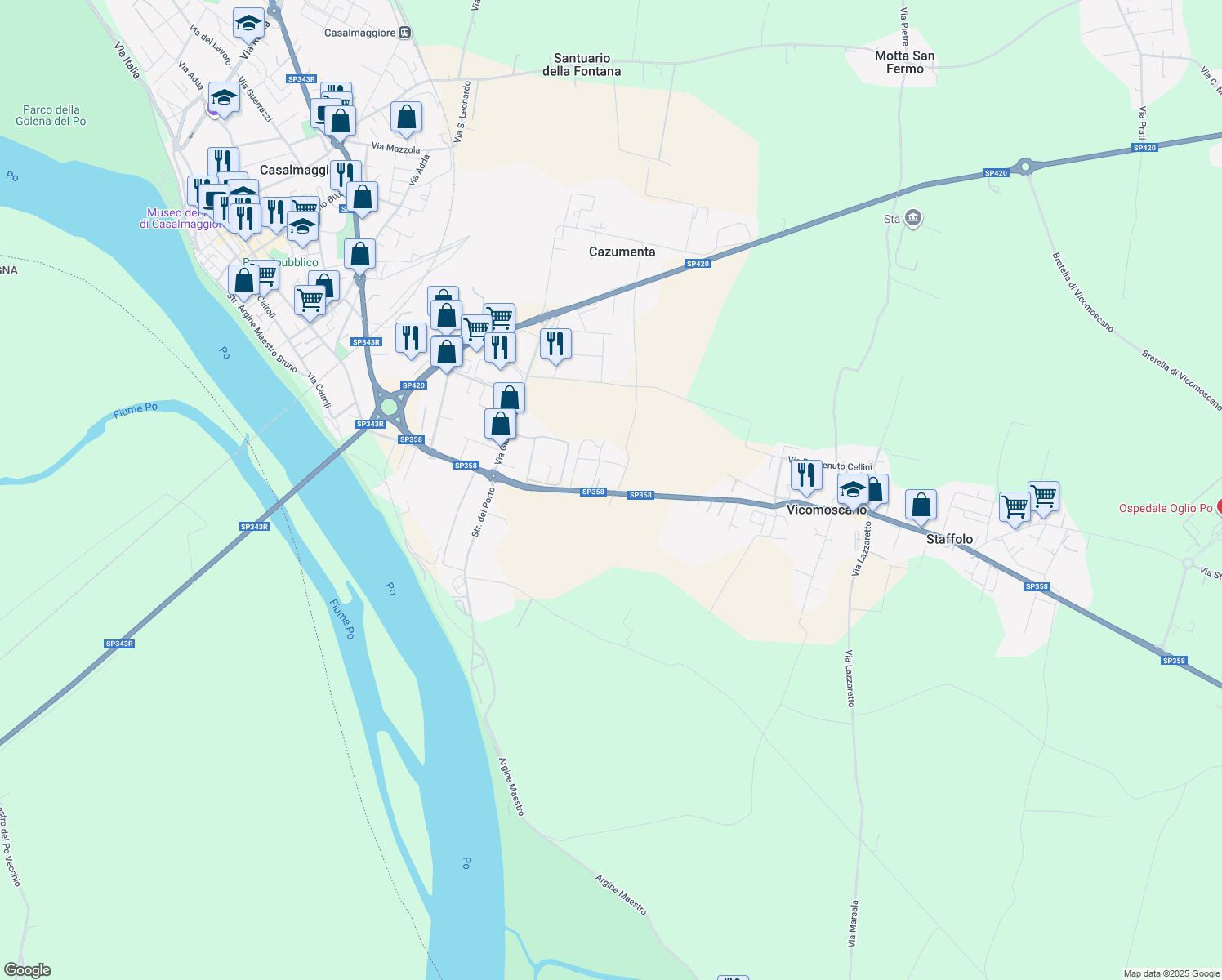 map of restaurants, bars, coffee shops, grocery stores, and more near 121 SP358 in Casalmaggiore