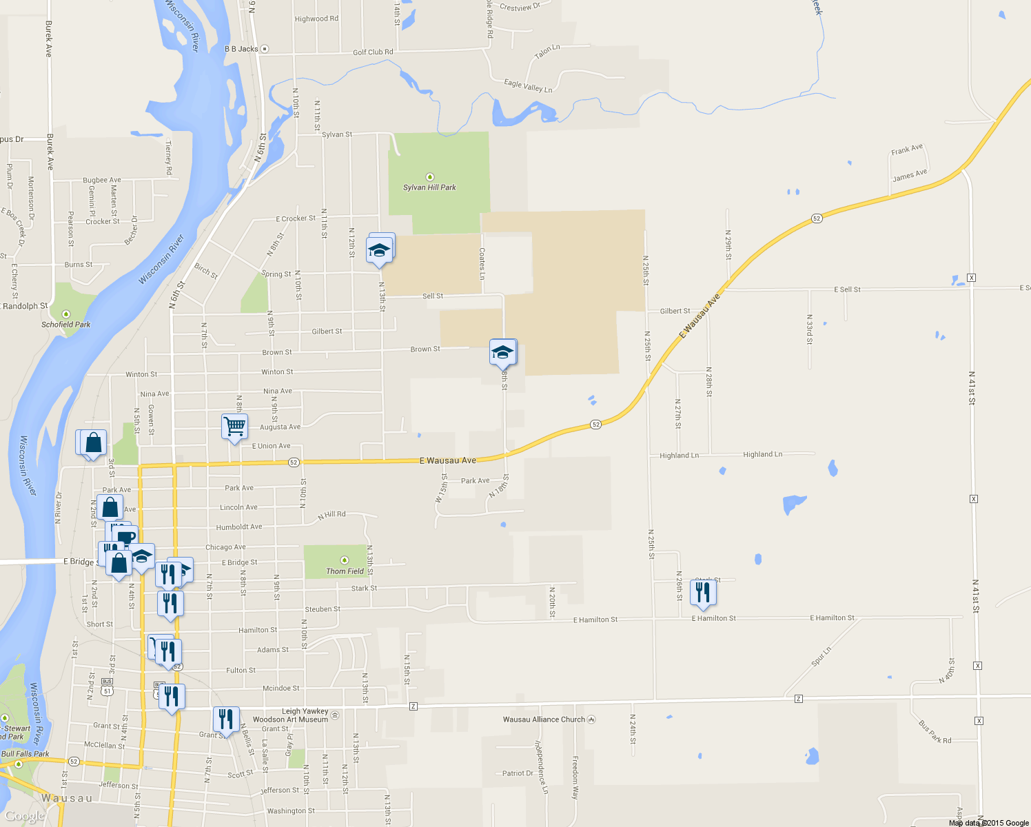 map of restaurants, bars, coffee shops, grocery stores, and more near 2309 North 18th Street in Wausau