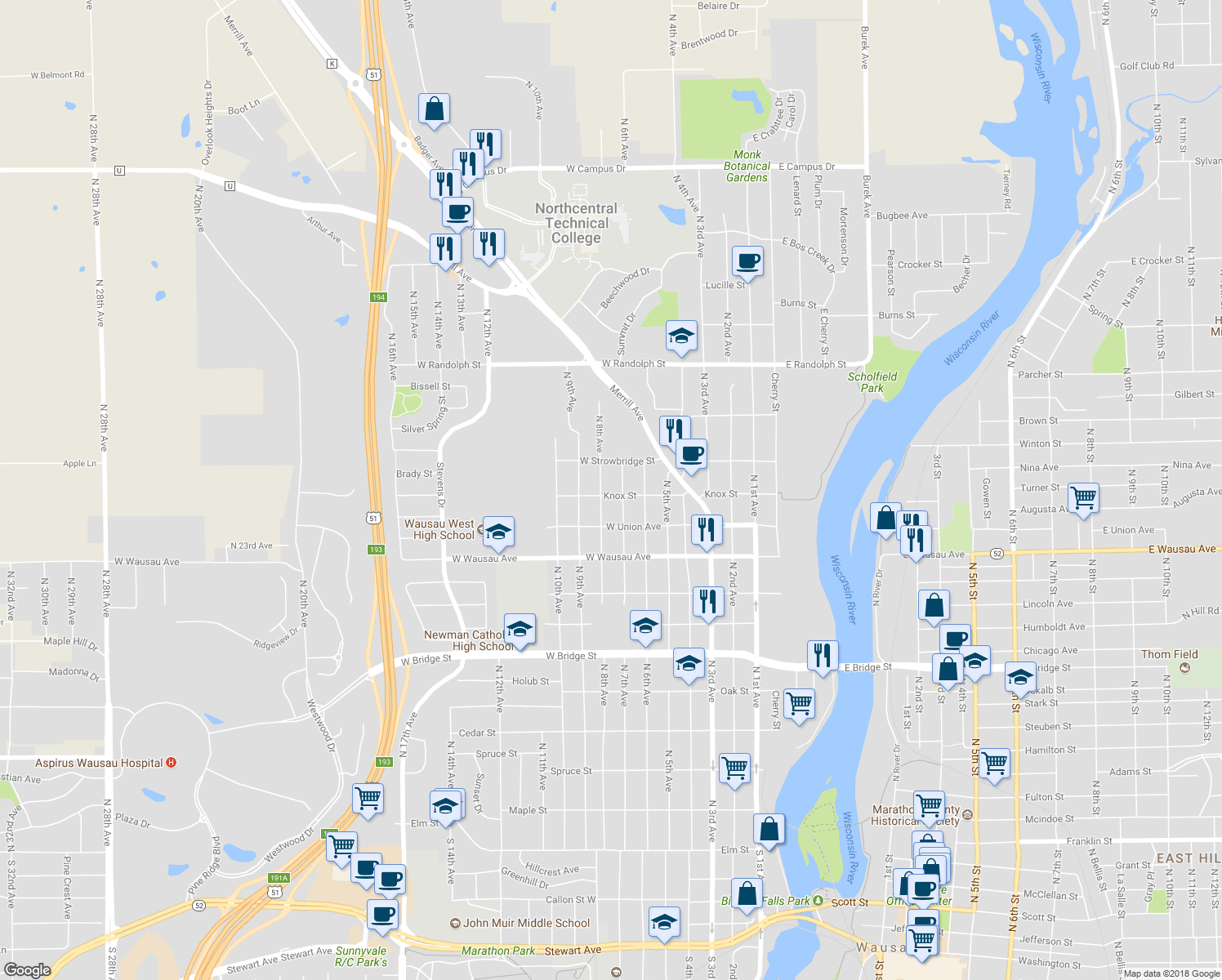map of restaurants, bars, coffee shops, grocery stores, and more near 710 Knox Street in Wausau