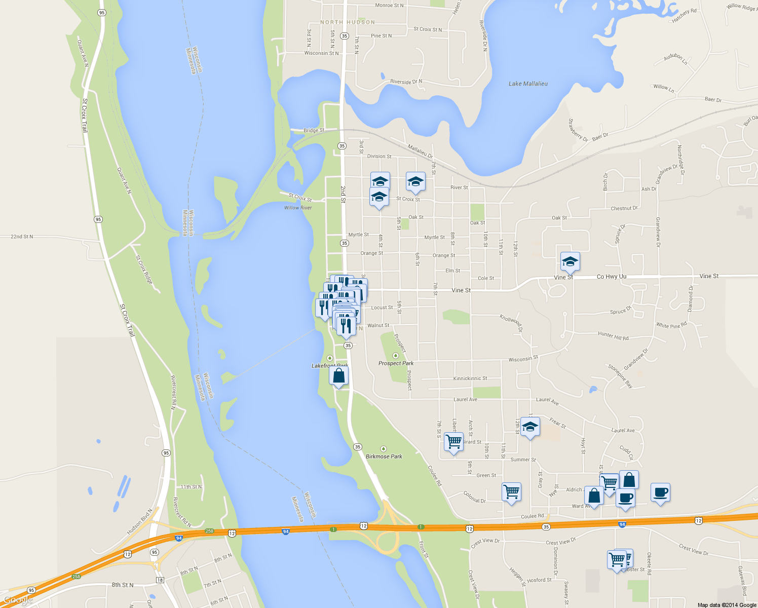 map of restaurants, bars, coffee shops, grocery stores, and more near 327 Locust Street in Hudson