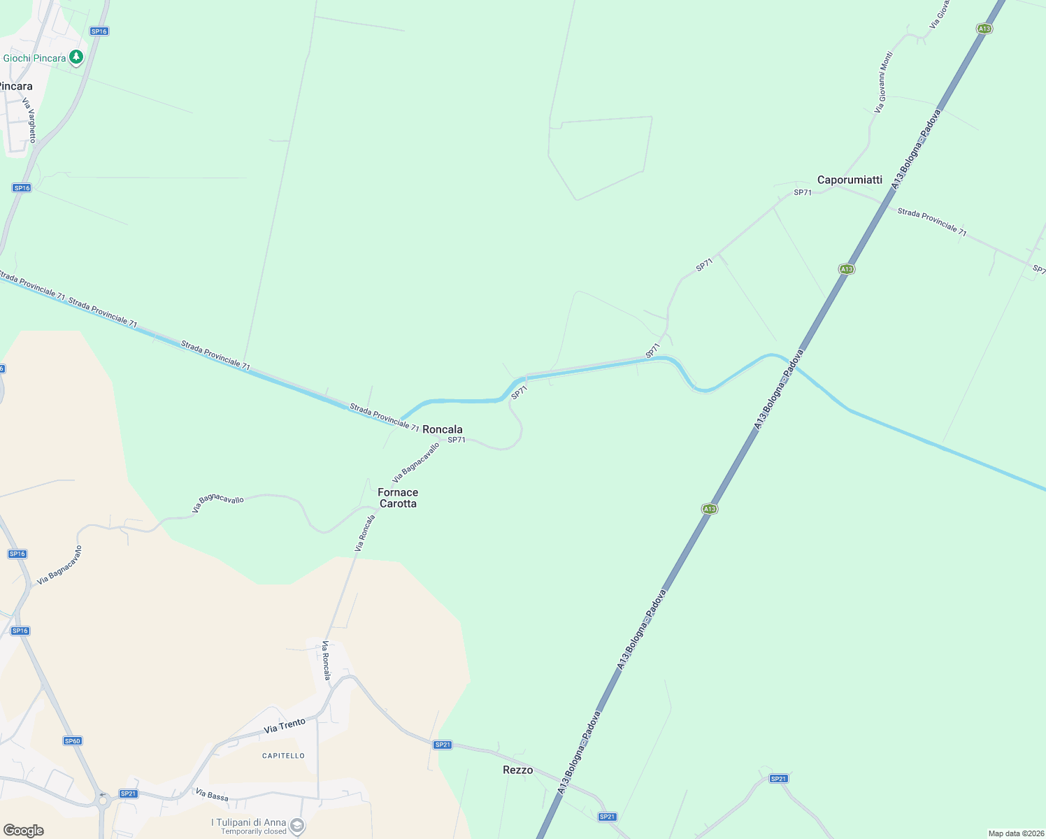 map of restaurants, bars, coffee shops, grocery stores, and more near 1800 Via Roncala in Provincia di Rovigo