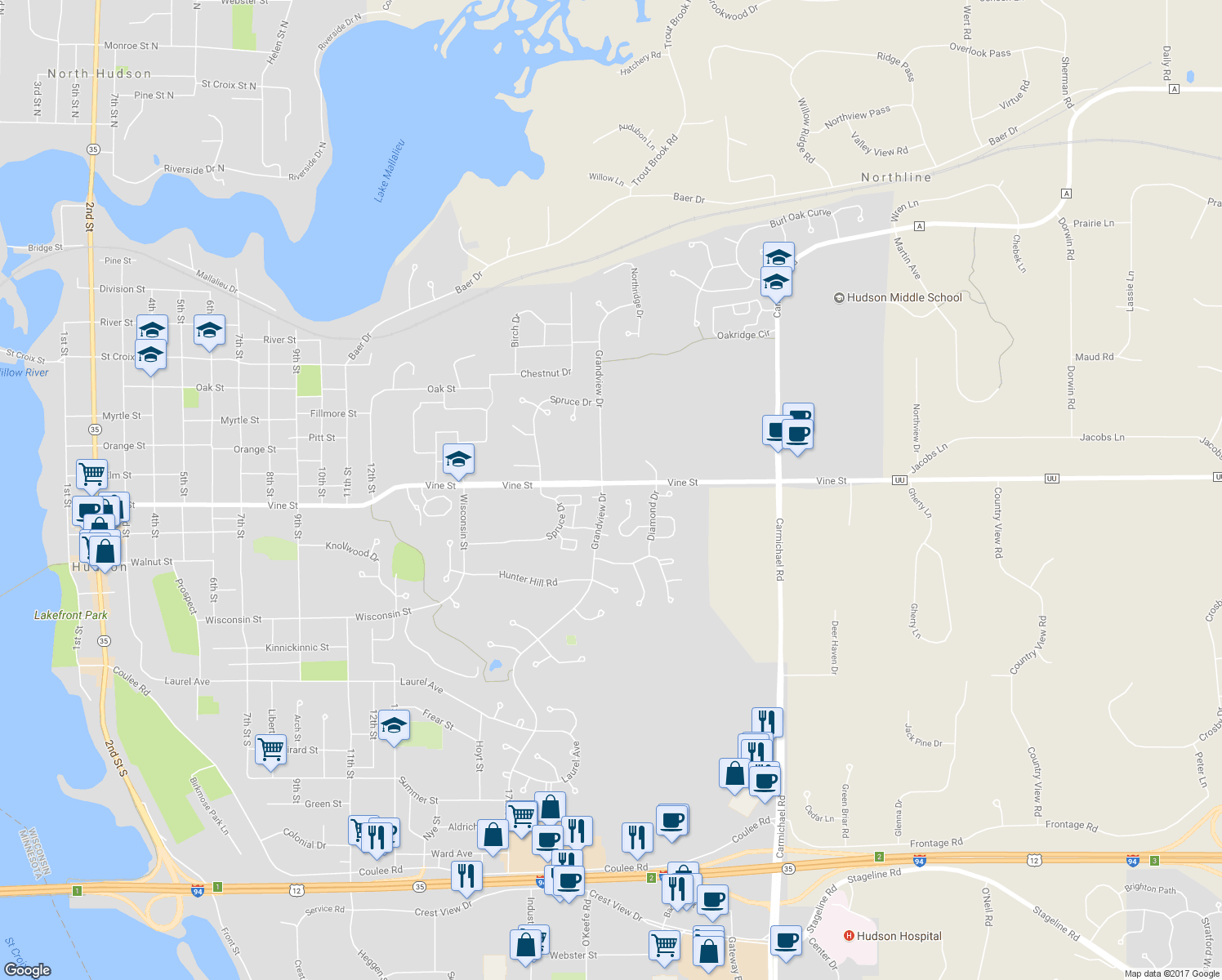 map of restaurants, bars, coffee shops, grocery stores, and more near 628 Grandview Drive in Hudson