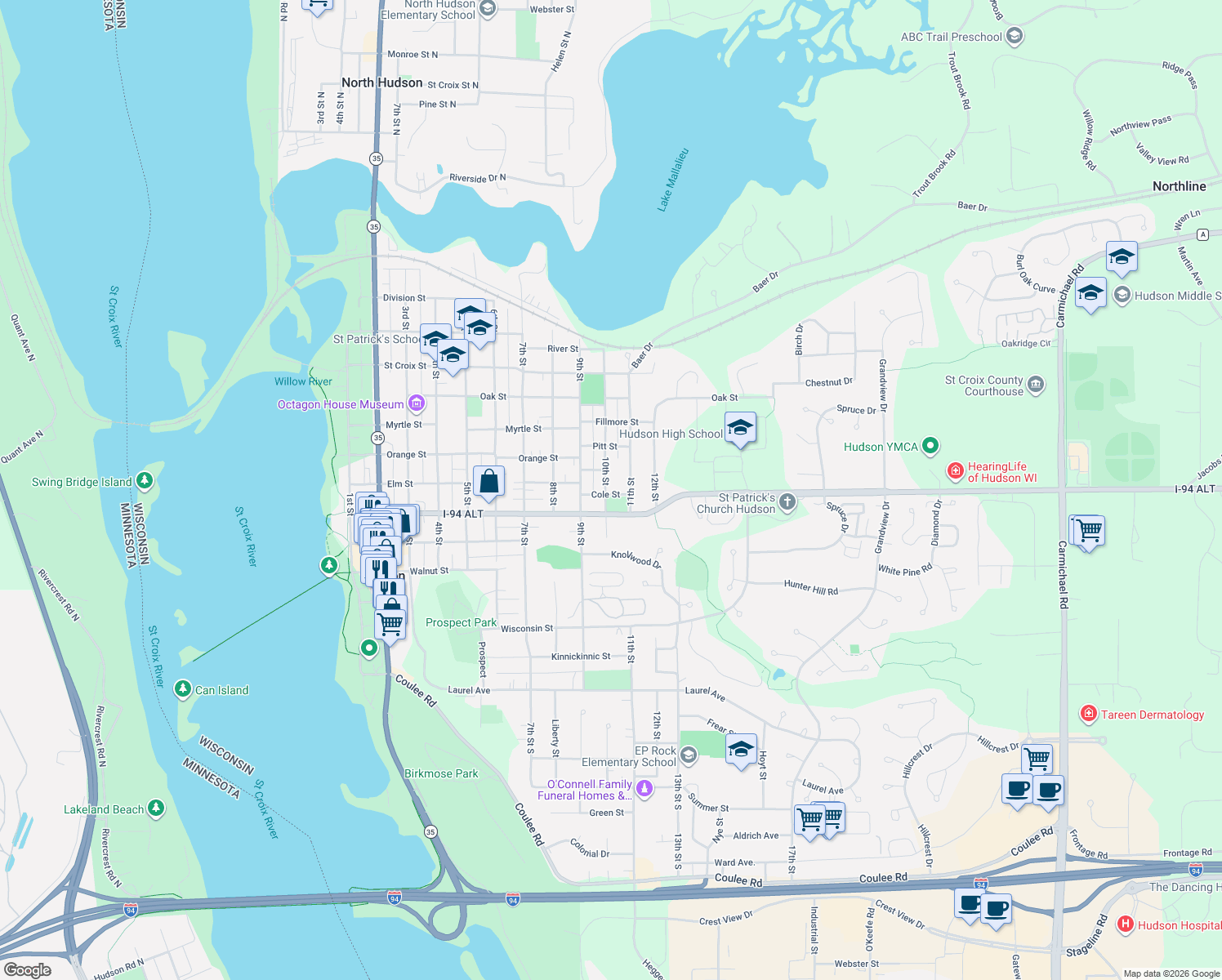 map of restaurants, bars, coffee shops, grocery stores, and more near 718 10th Street in Hudson