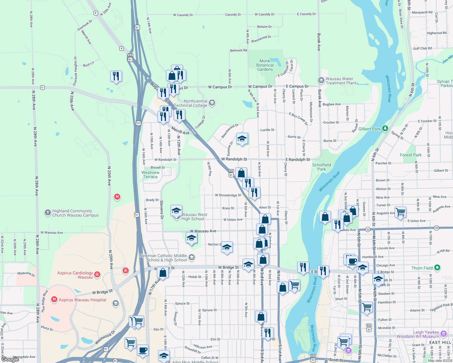 map of restaurants, bars, coffee shops, grocery stores, and more near 700 West Strowbridge Street in Wausau