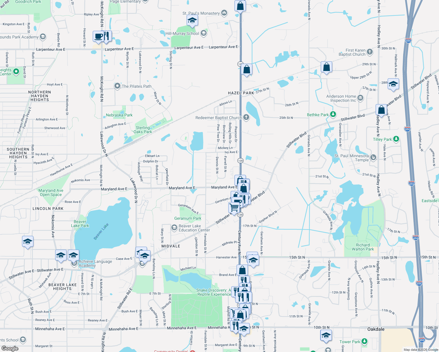 map of restaurants, bars, coffee shops, grocery stores, and more near 1224 Dennis Street North in Maplewood