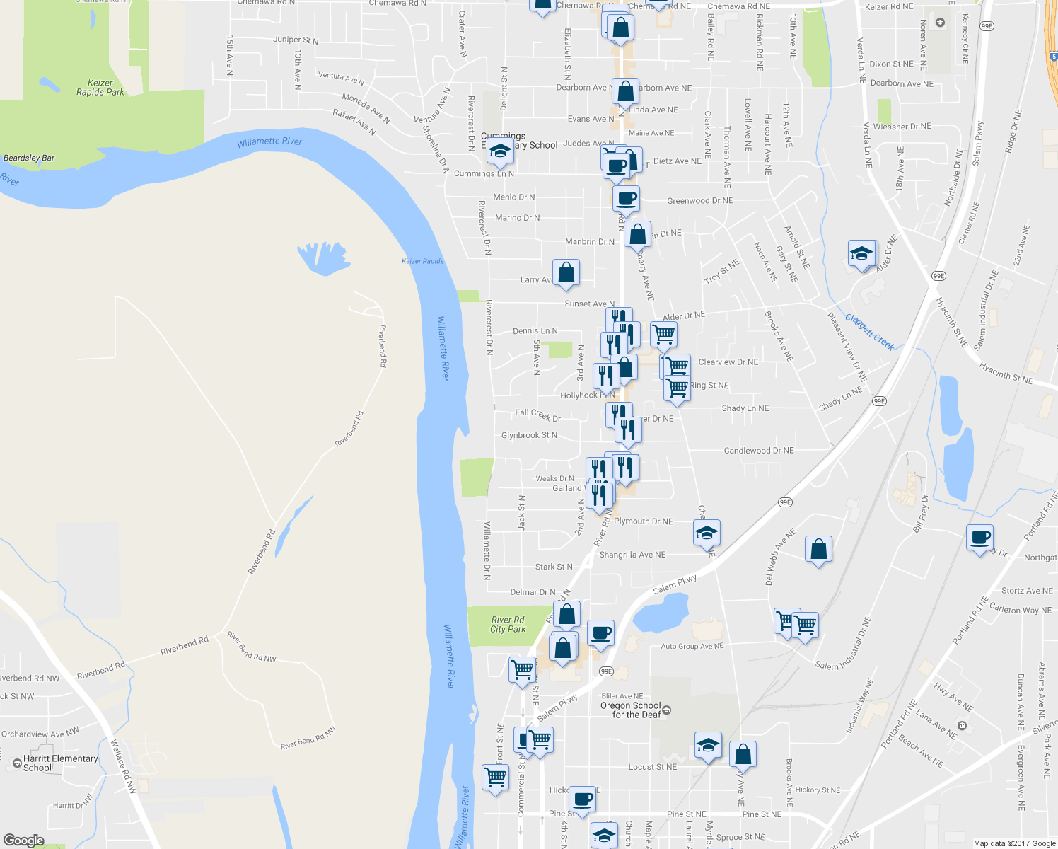 map of restaurants, bars, coffee shops, grocery stores, and more near 3642 Powder Creek Court North in Keizer