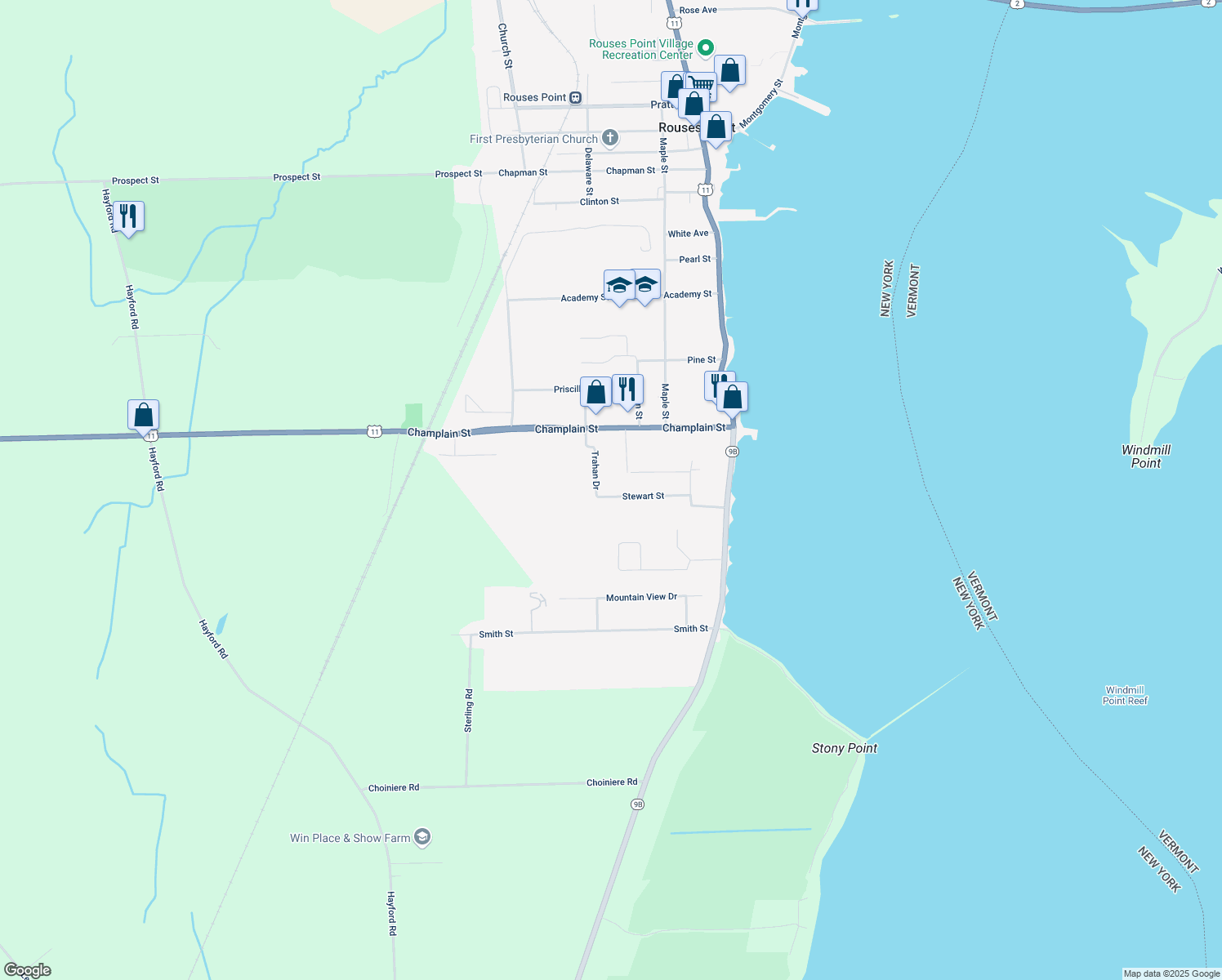 map of restaurants, bars, coffee shops, grocery stores, and more near 22 Stewart St in Rouses Point
