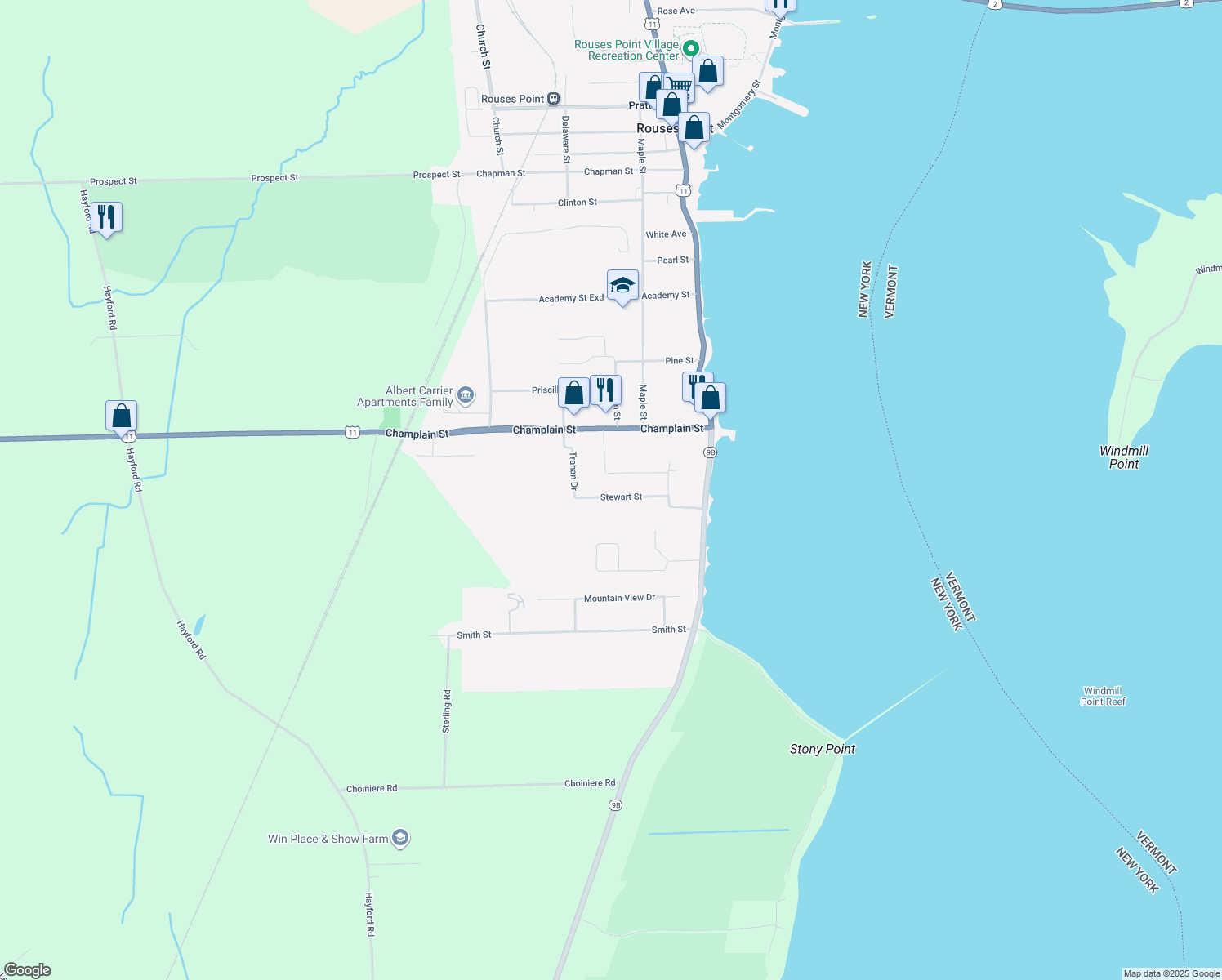 map of restaurants, bars, coffee shops, grocery stores, and more near 16 Stewart St in Rouses Point