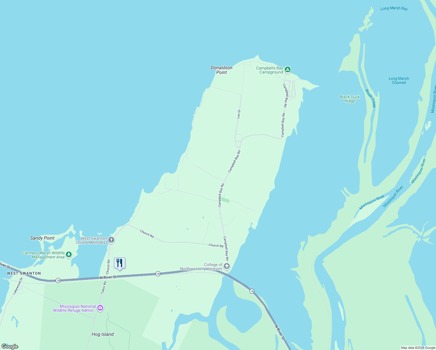 map of restaurants, bars, coffee shops, grocery stores, and more near 61 Campbell Bay Road in Swanton