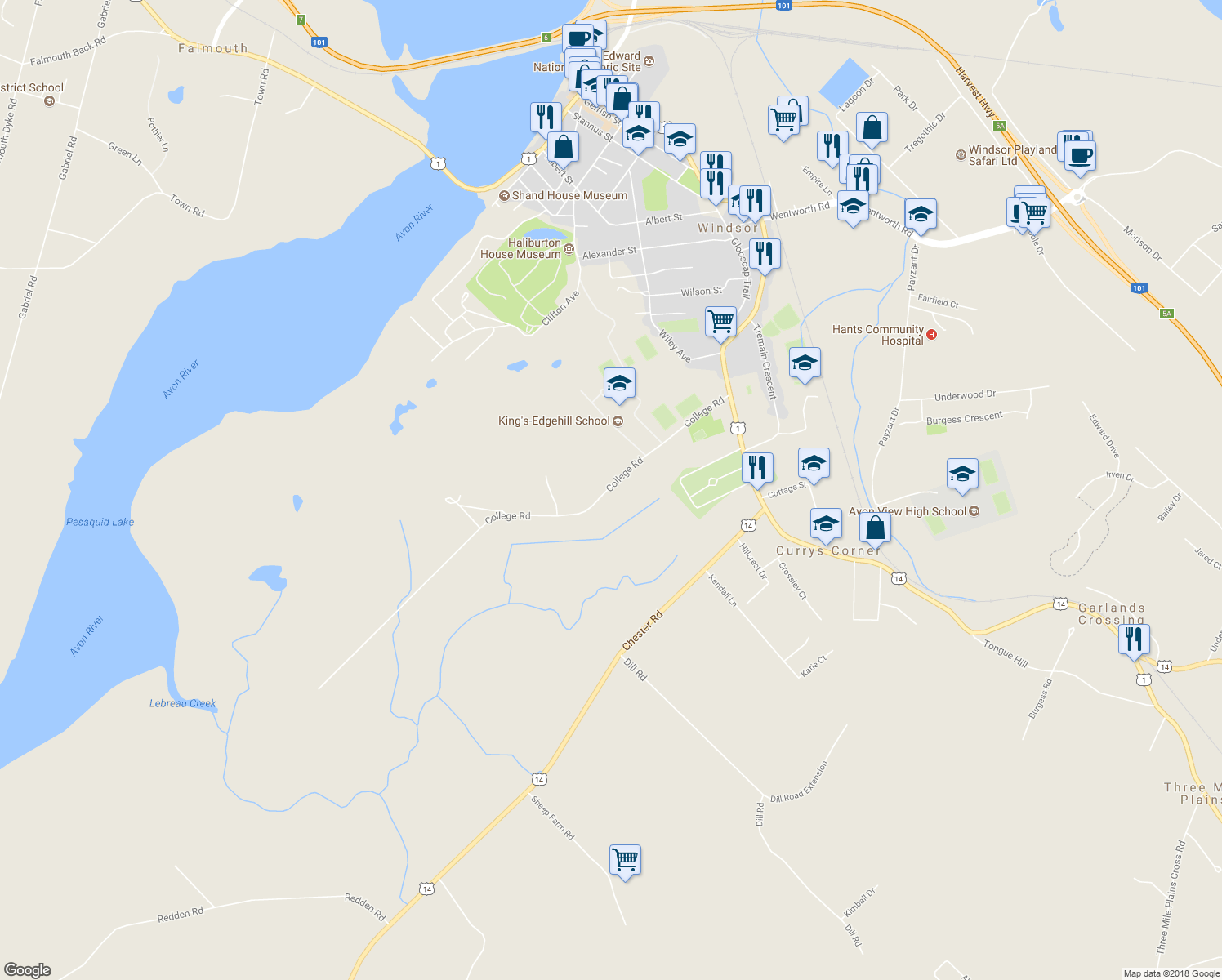 map of restaurants, bars, coffee shops, grocery stores, and more near 451 College Road in Windsor