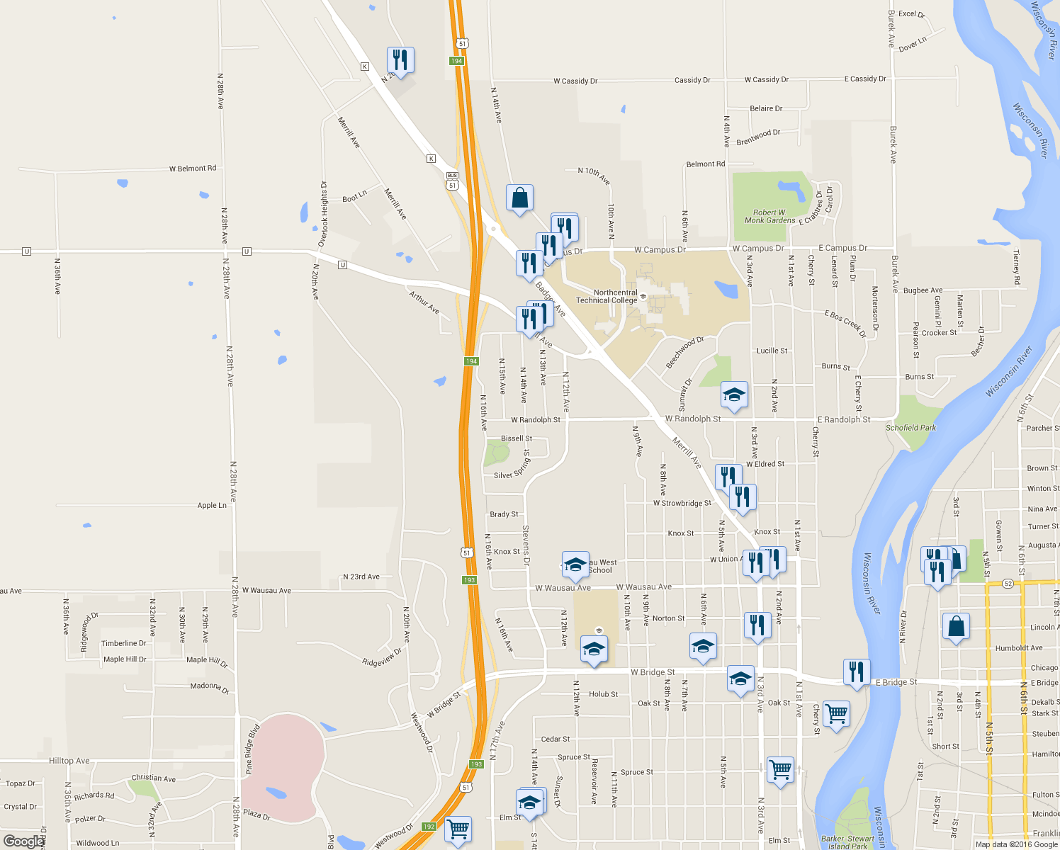 map of restaurants, bars, coffee shops, grocery stores, and more near 1341 North 14th Avenue in Wausau