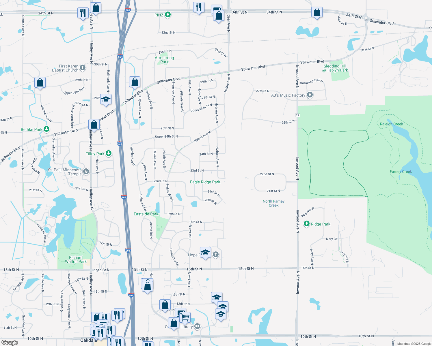 map of restaurants, bars, coffee shops, grocery stores, and more near 7859 23rd Street North in Oakdale